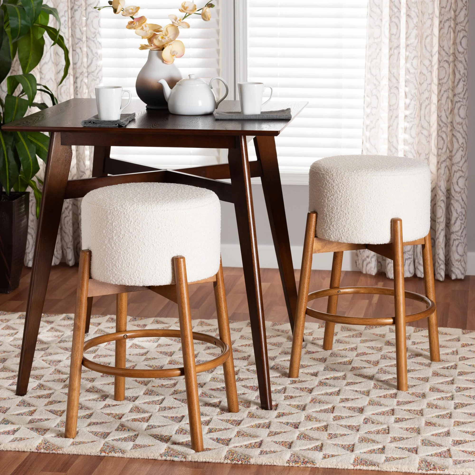 Baxton Studio Olwen Modern Japandi Cream Boucle Fabric and Walnut Brown Finished Wood 2-Piece Bar Stool Set