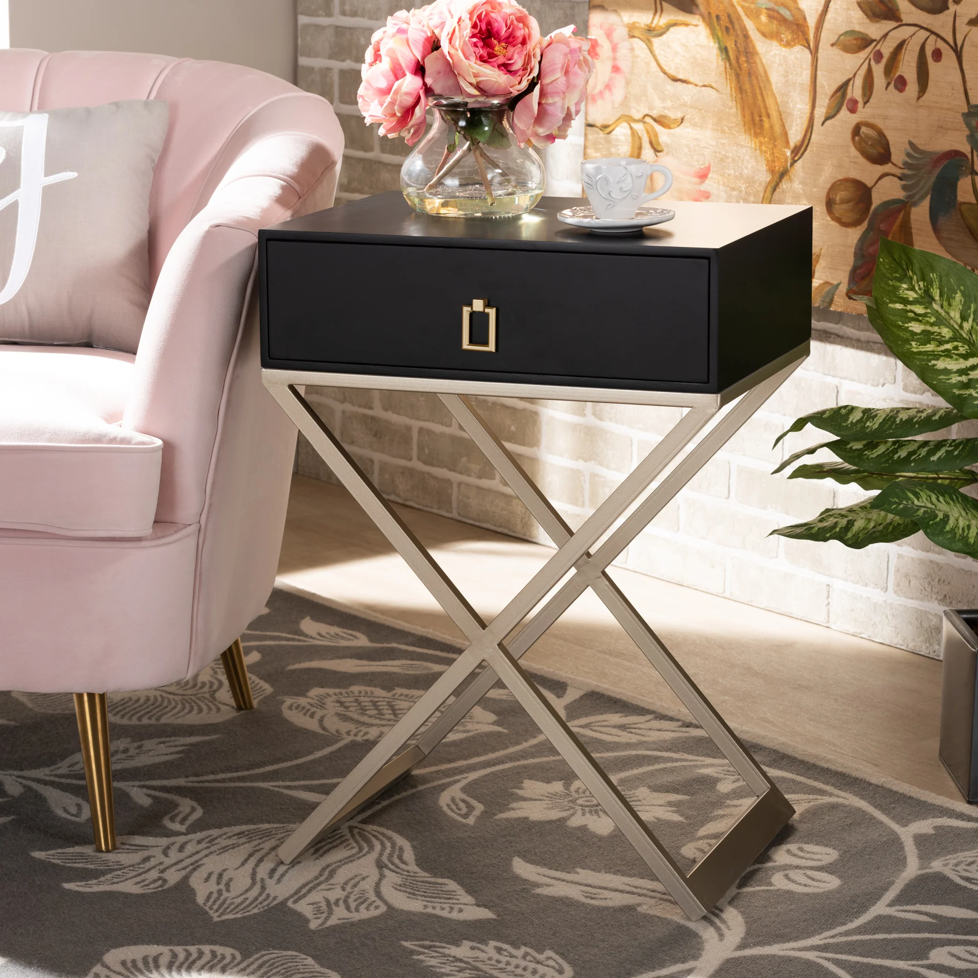 Baxton Studio Patricia Modern and Contemporary Black Finished Wood and Powder Coated Brass Effect Metal 1-Drawer End Table