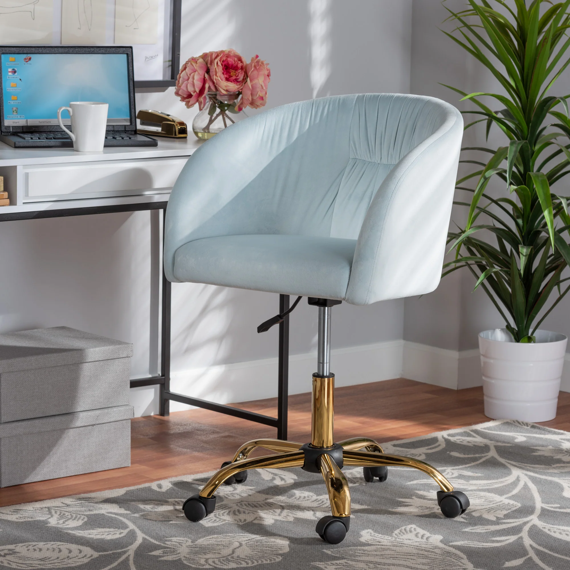 Baxton Studio Ravenna Contemporary Glam and Luxe Aqua Velvet Fabric and Gold Metal Swivel Office Chair