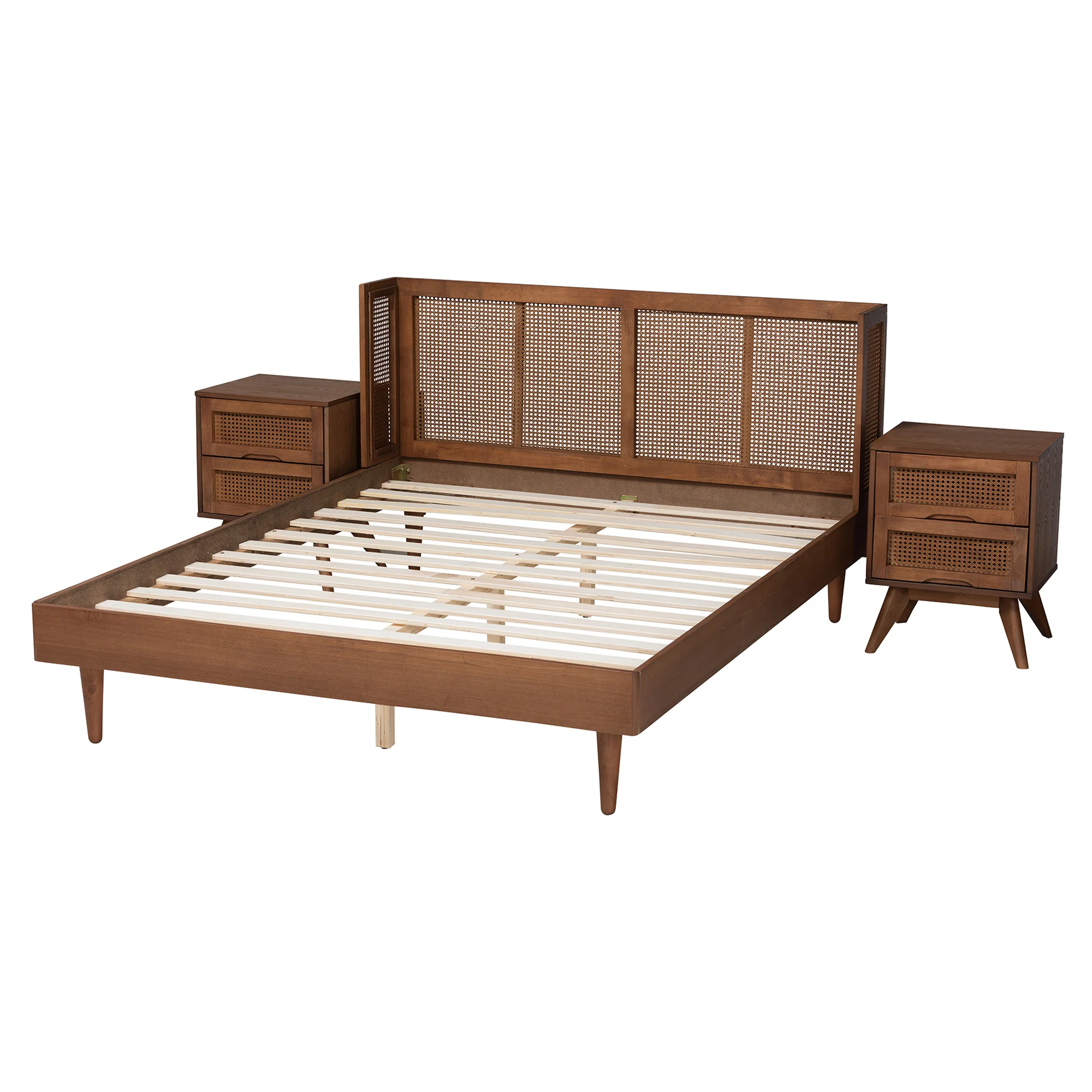 Baxton Studio Rina Mid-Century Modern Ash Walnut Finished Wood 3-Piece Queen Size Bedroom Set with Synthetic Rattan - Image 6