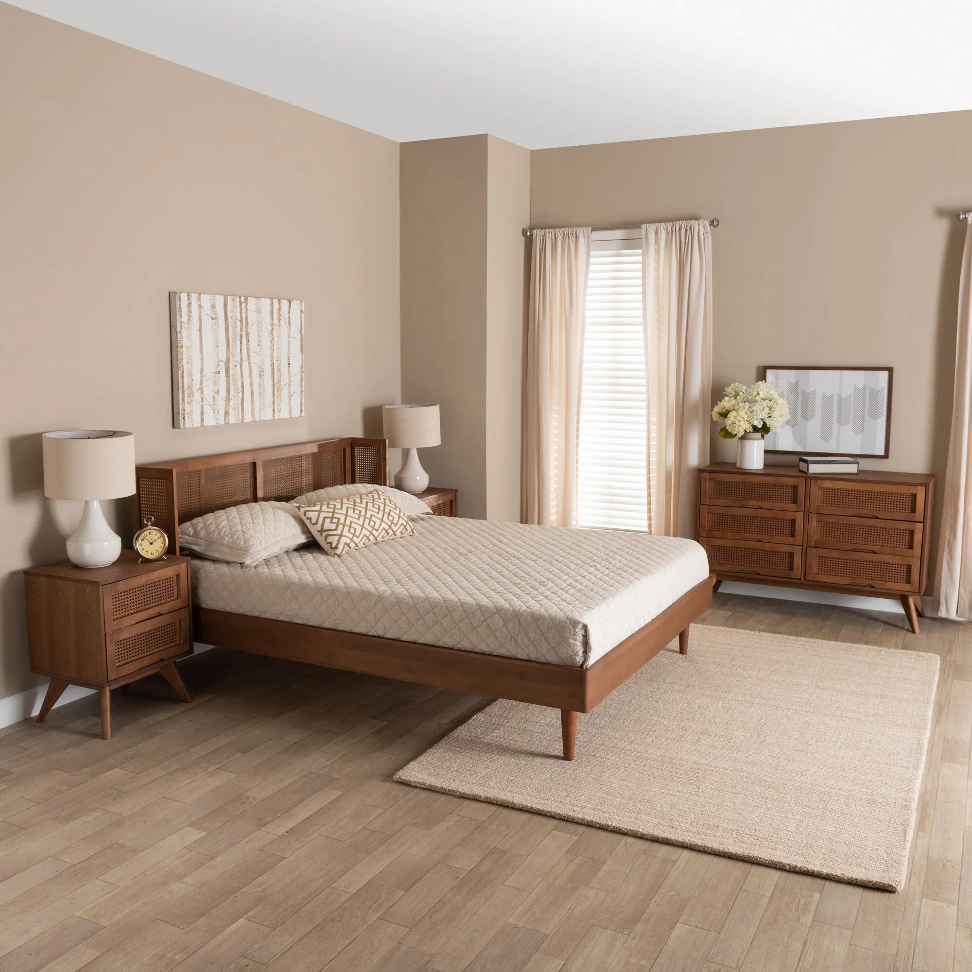 Baxton Studio Rina Mid-Century Modern Ash Walnut Finished Wood 4-Piece King Size Bedroom Set with Synthetic Rattan