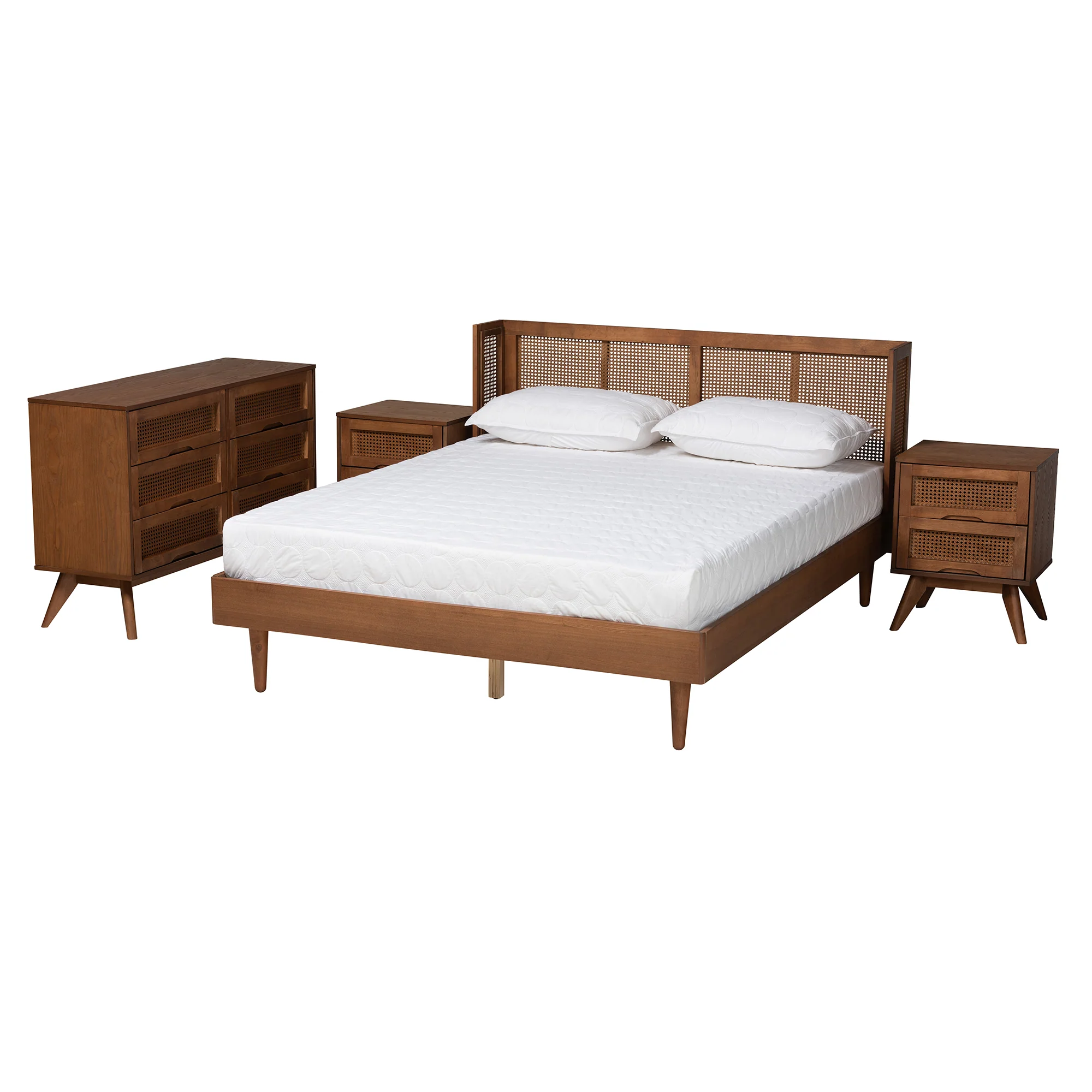 Baxton Studio Rina Mid-Century Modern Ash Walnut Finished Wood 4-Piece Queen Size Bedroom Set with Synthetic Rattan - Image 5