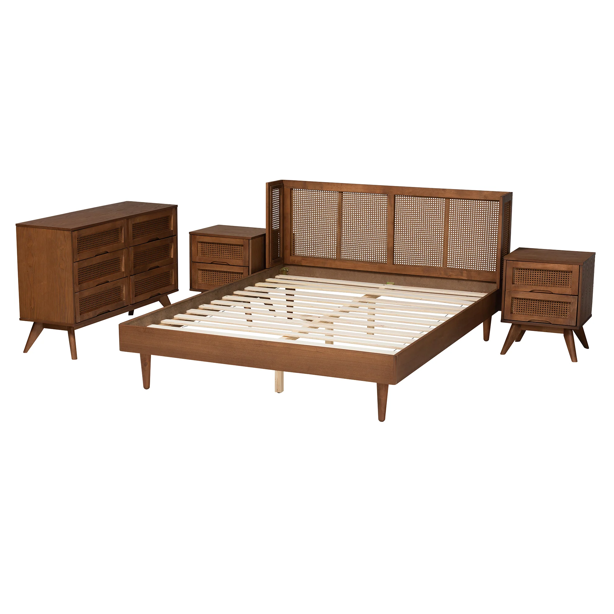 Baxton Studio Rina Mid-Century Modern Ash Walnut Finished Wood 4-Piece Queen Size Bedroom Set with Synthetic Rattan - Image 6