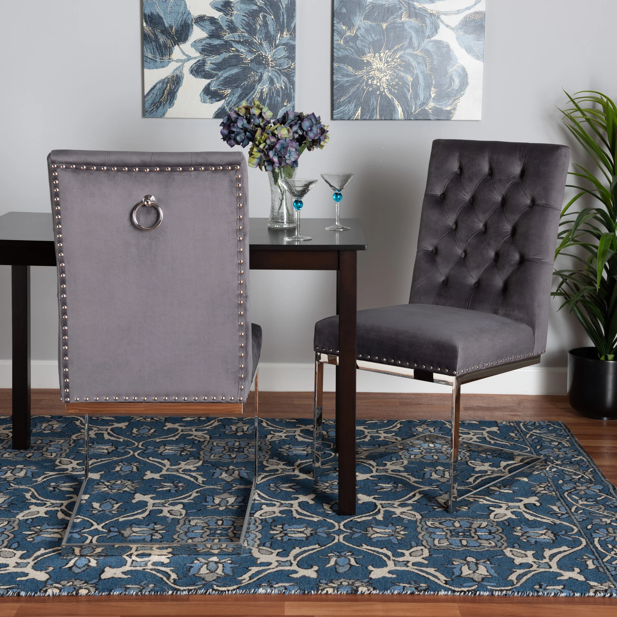 Baxton Studio Sherine Contemporary Glam and Luxe Grey Velvet Fabric and Silver Metal 2-Piece Dining Chair Set