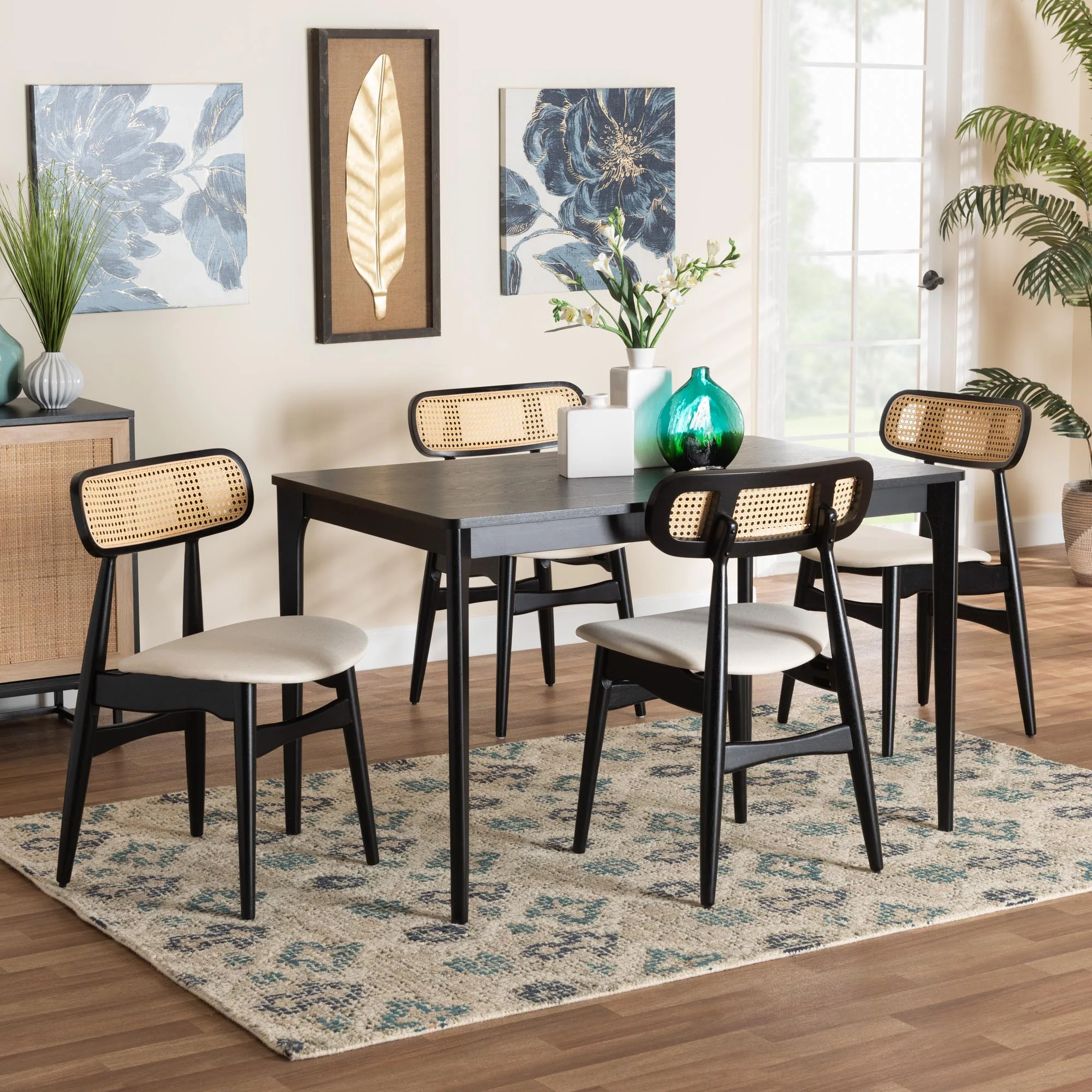 Baxton Studio Tarana Mid-Century Modern Cream Fabric and Black Finished Wood 5-Piece Dining Set