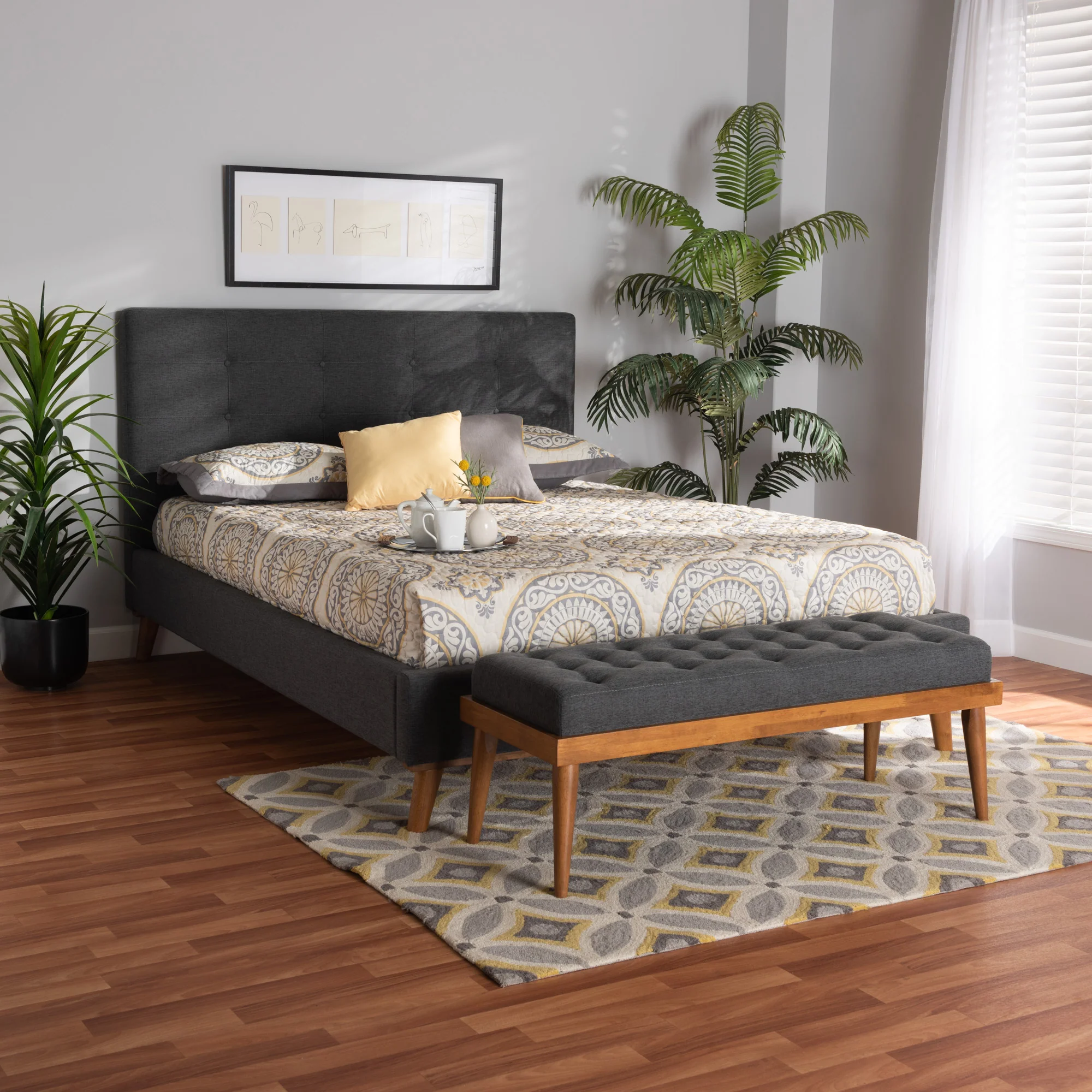 Baxton Studio Valencia Mid-Century Modern Dark Grey Fabric Upholstered Queen Size 2-Piece Bedroom Set