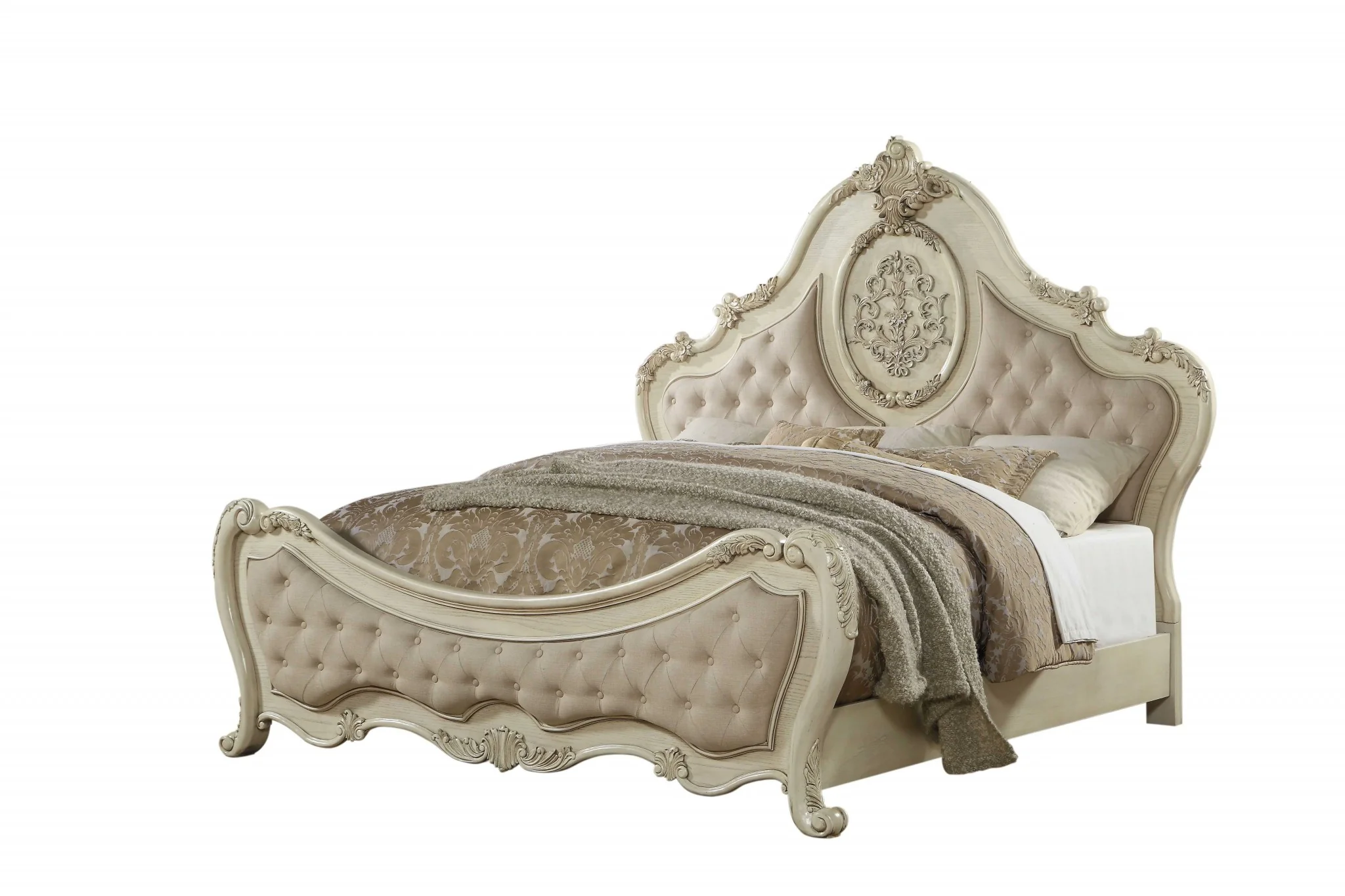 Beige Linen Antique White Wood Upholstery California King Bed By Homeroots - Image 2