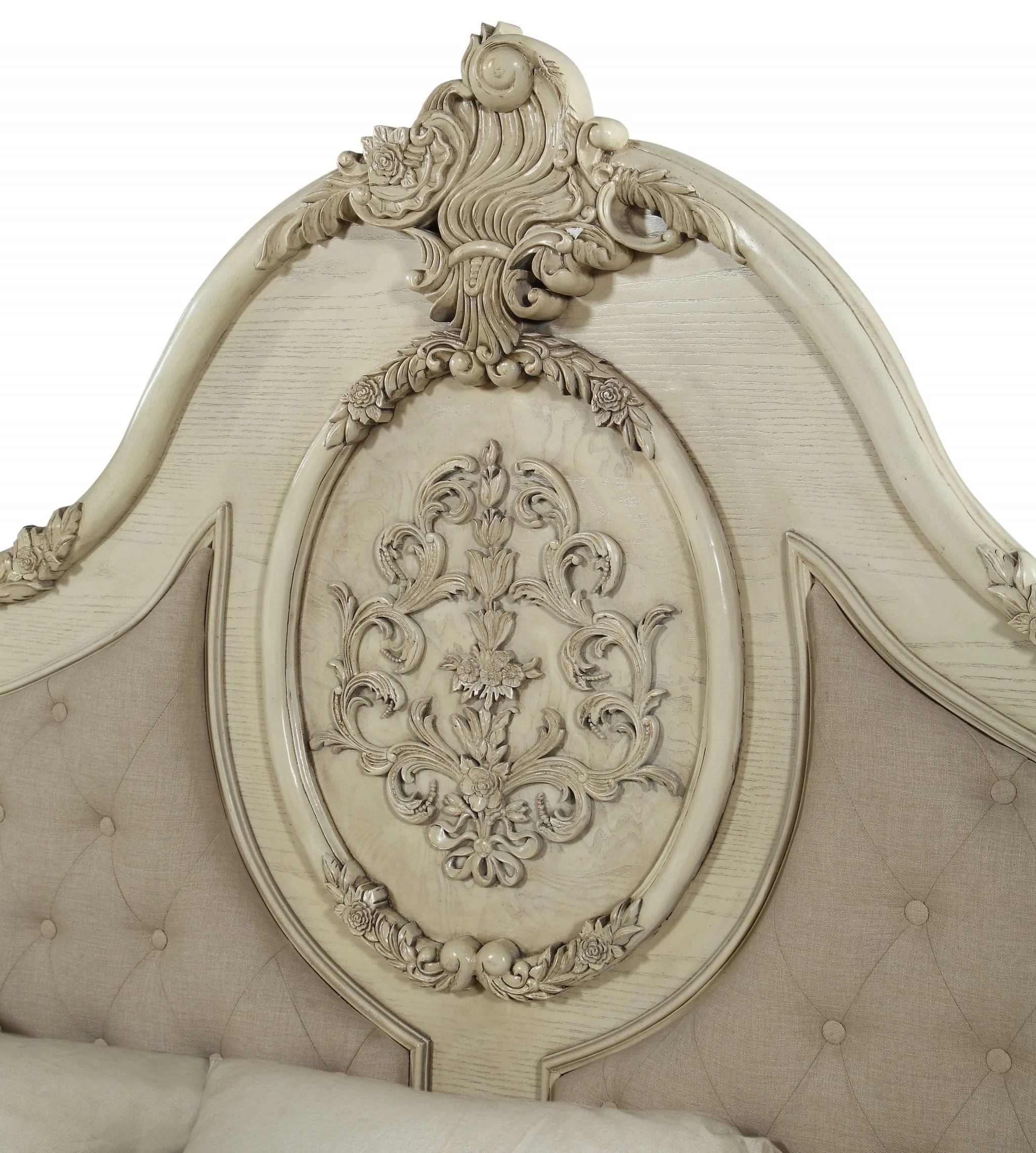 Beige Linen Antique White Wood Upholstery California King Bed By Homeroots - Image 3