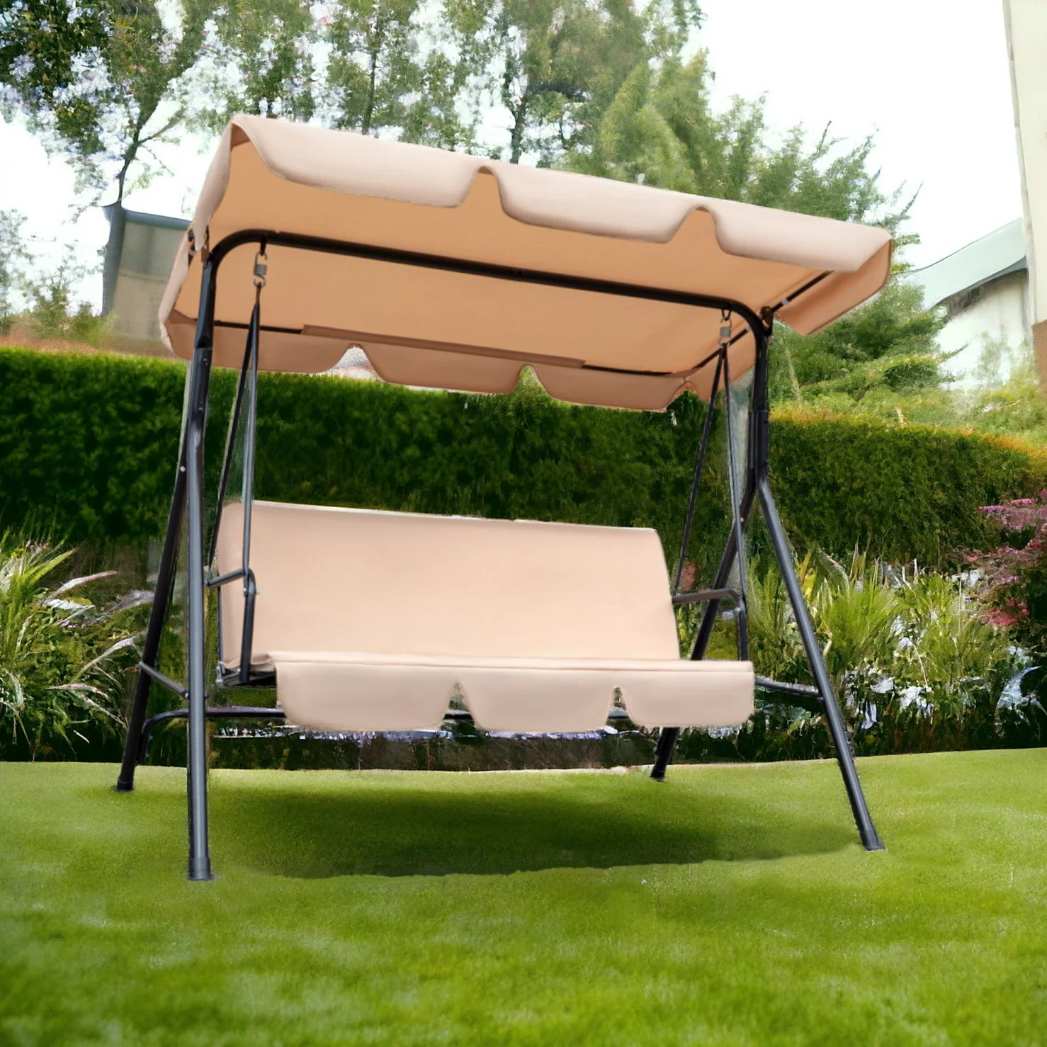 Beige Steel Outdoor Swing Chair with Beige Cushion By Homeroots