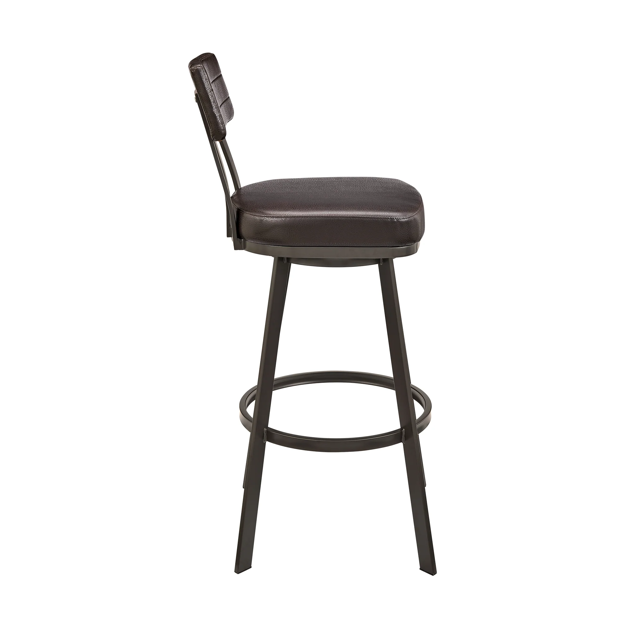 Bejnamin Swivel Bar Stool in Brown Metal with Brown Faux Leather By Armen Living - Image 4