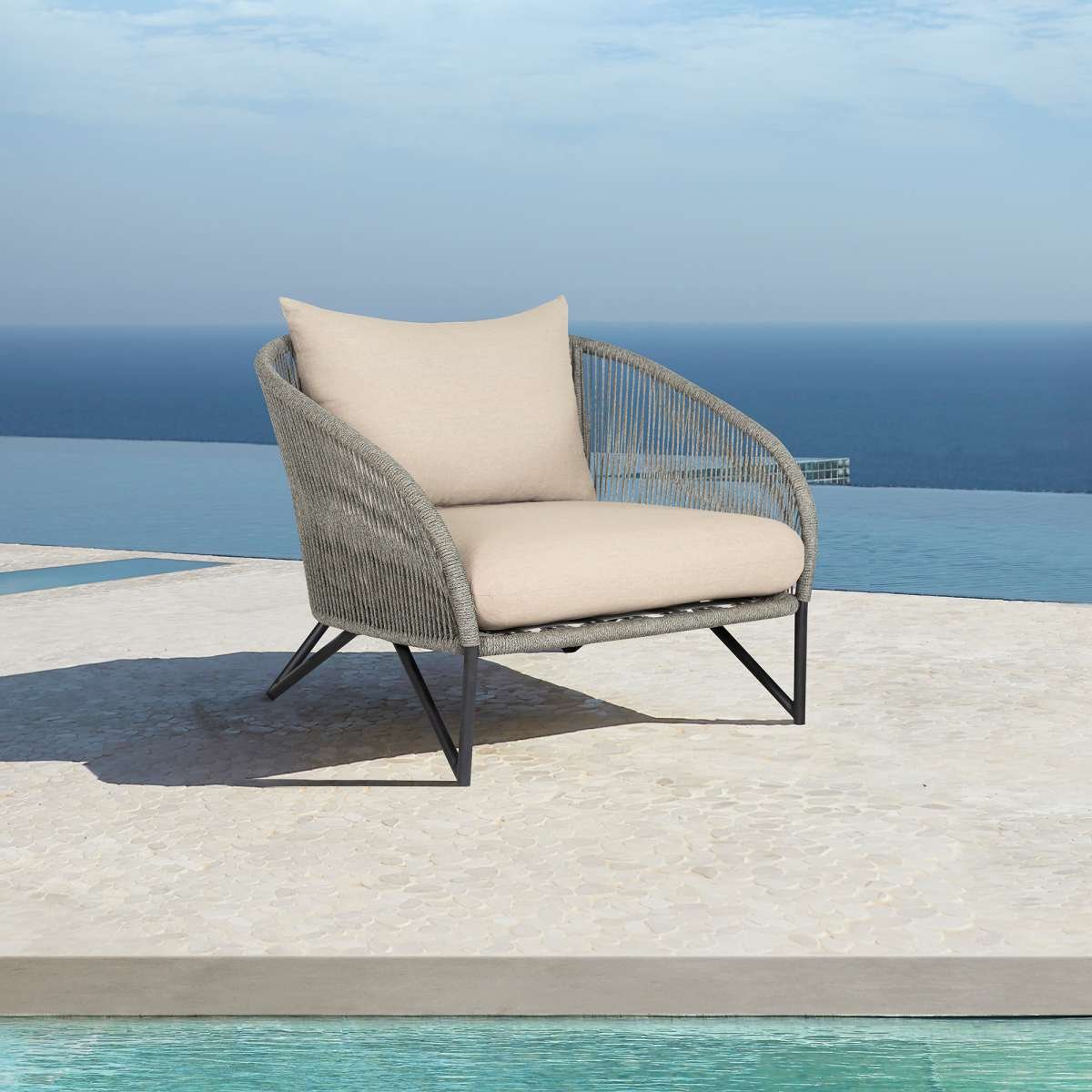 Benicia Outdoor Patio Chair in Black Steel with Gray Rope and Taupe Olefin Cushions By Armen Living