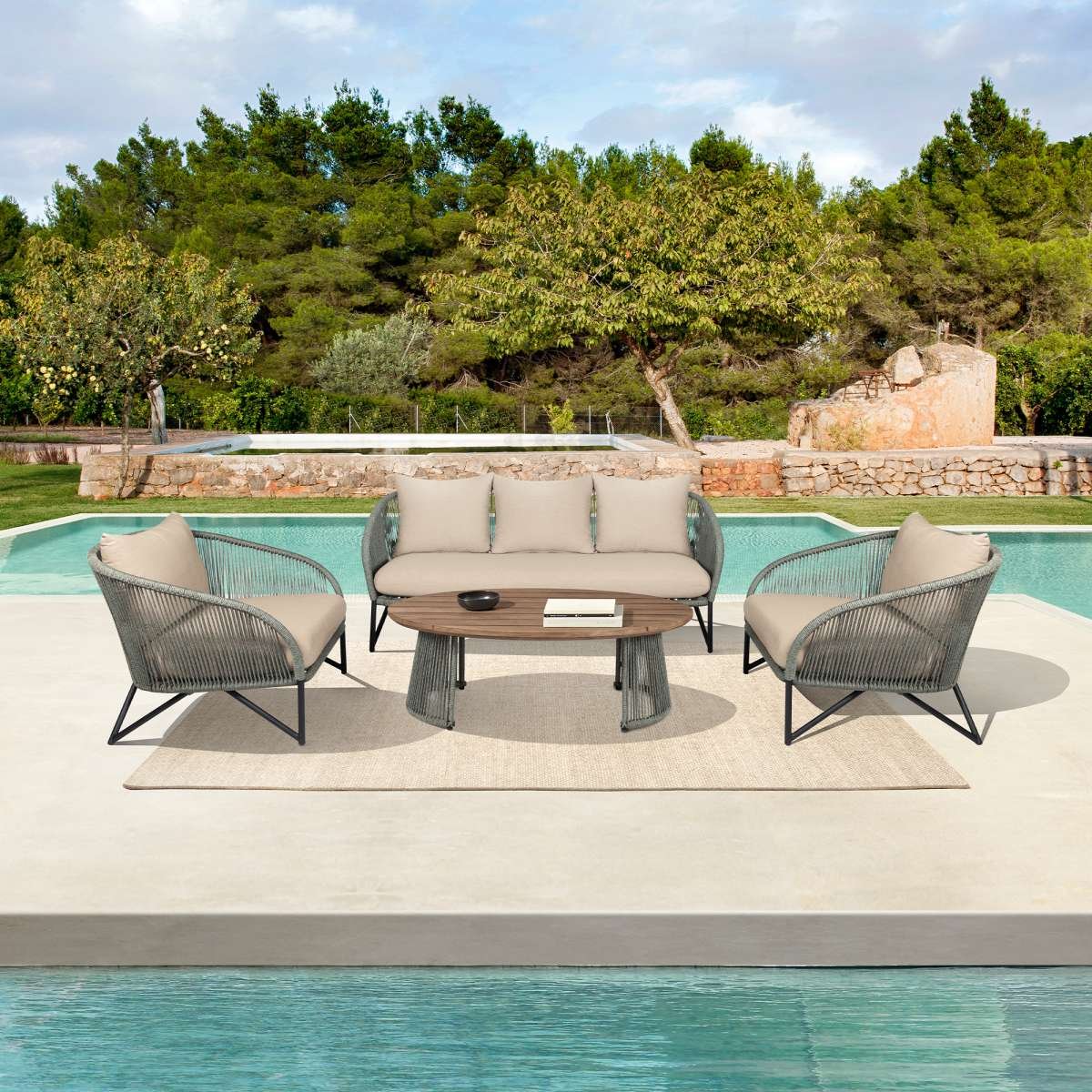 Benicia Outdoor Patio Chair in Black Steel with Gray Rope and Taupe Olefin Cushions By Armen Living - Image 2