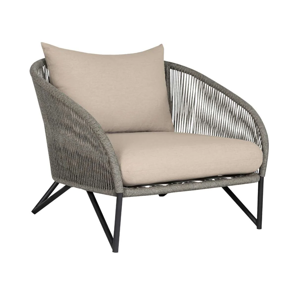 Benicia Outdoor Patio Chair in Black Steel with Gray Rope and Taupe Olefin Cushions By Armen Living - Image 3