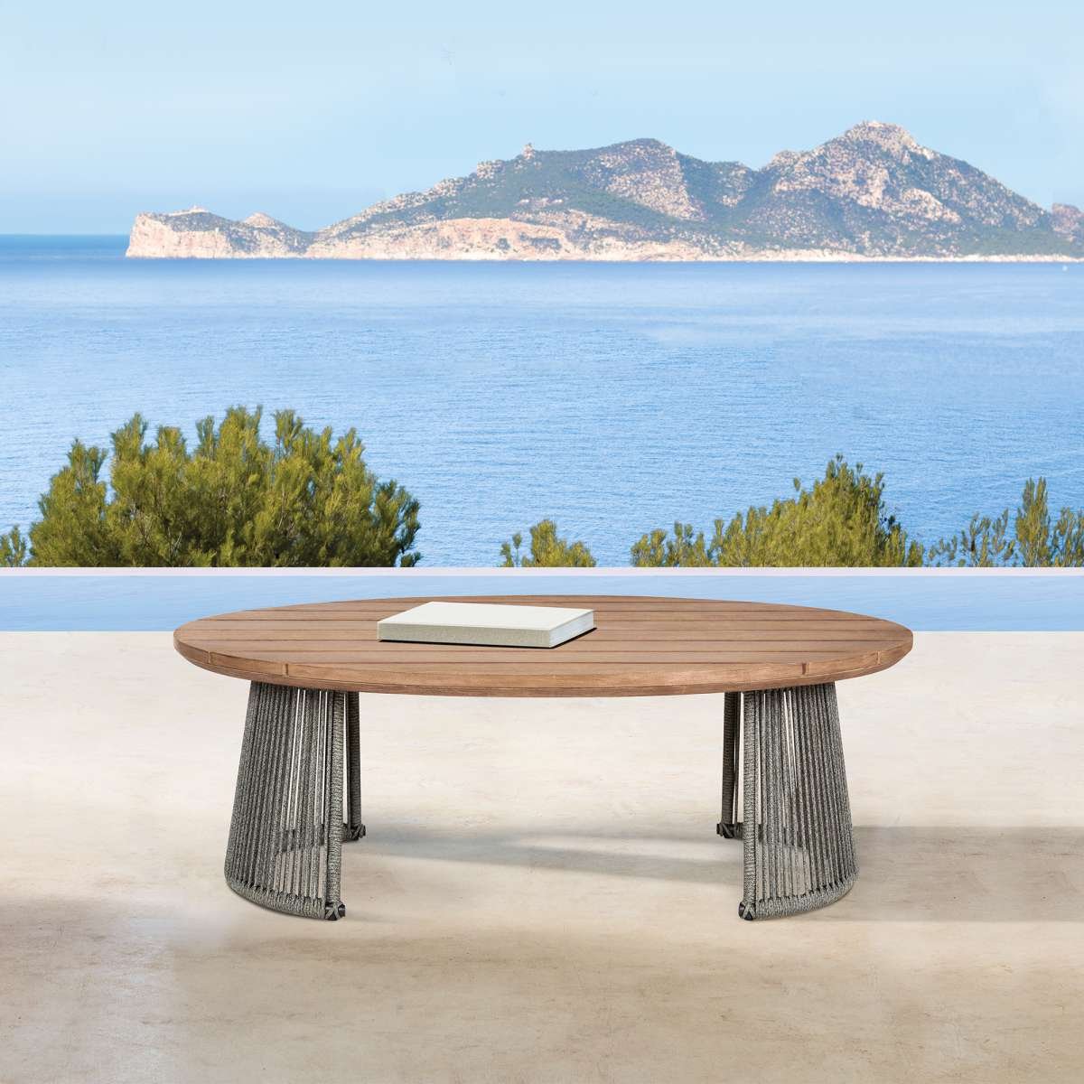 Benicia Outdoor Patio Oval Coffee Table in Weathered Eucalyptus Wood and Gray Rope By Armen Living