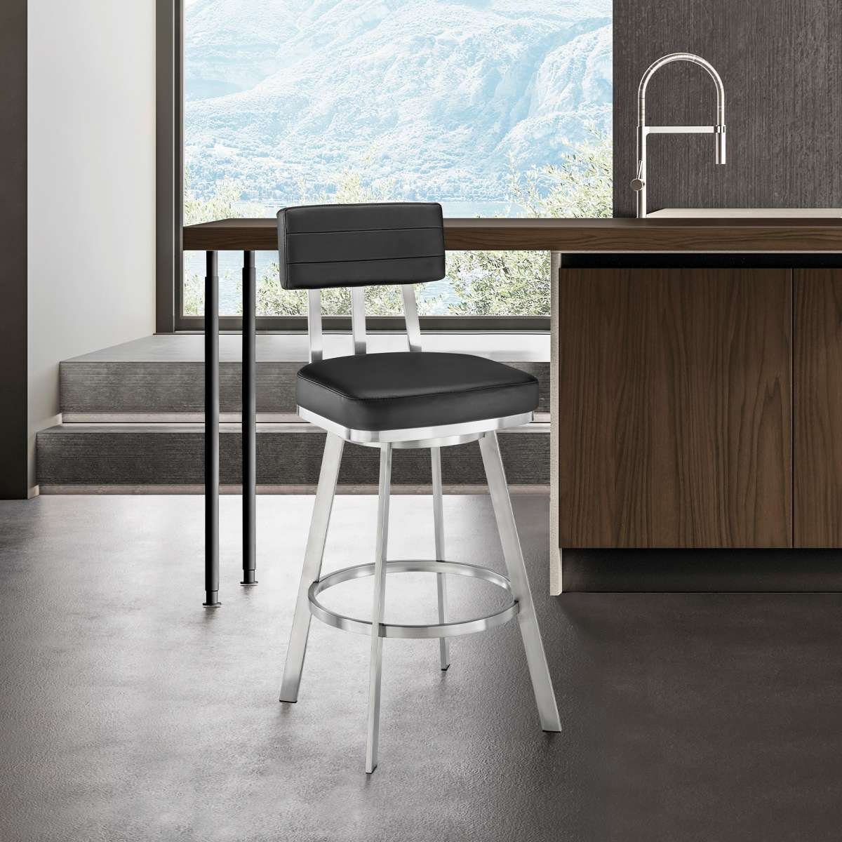 Benjamin 26" Swivel Counter Stool in Brushed Stainless Steel with Black Faux Leather By Armen Living