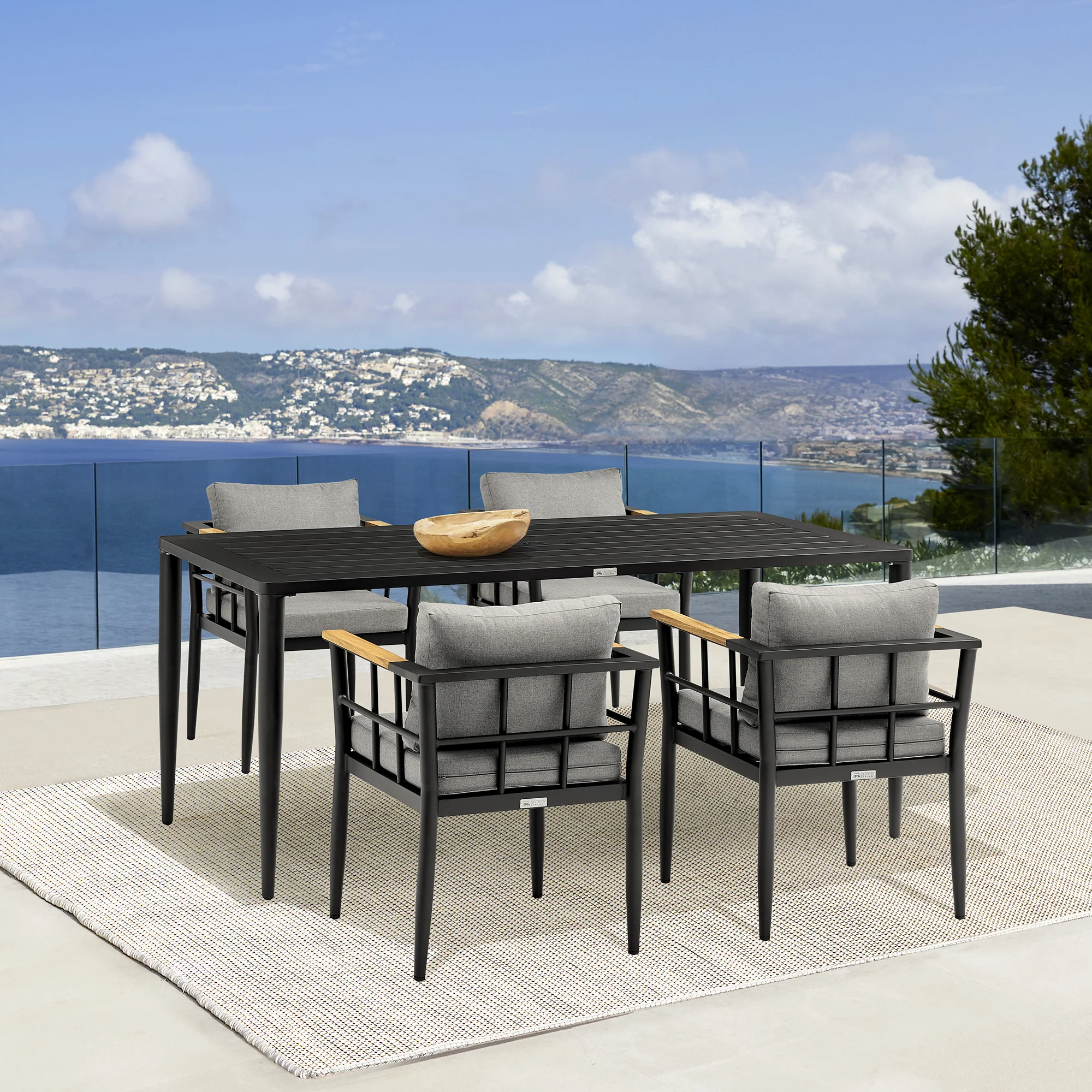 Beowulf Outdoor Patio 5-Piece Dining Table Set in Aluminum and Teak with Grey Cushions By Armen Living