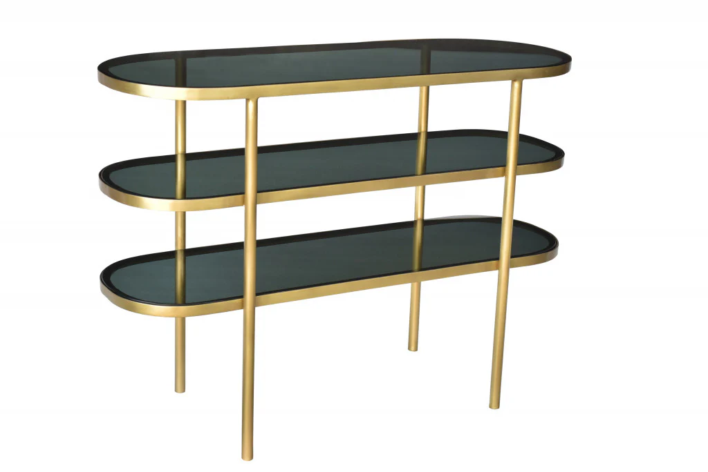 Black and Gold Glass Oval Console Table With Storage By Homeroots