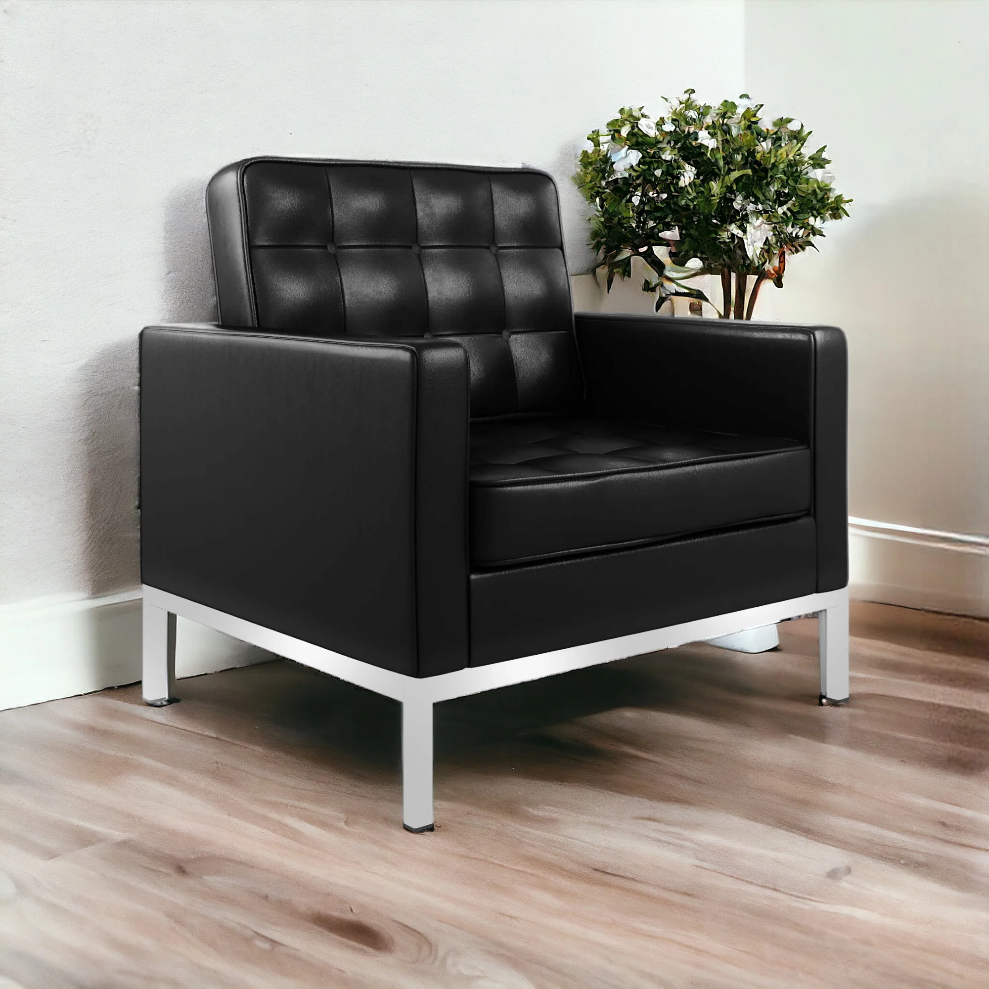 Black and Silver Italian Leather Tufted Club Chair By Homeroots
