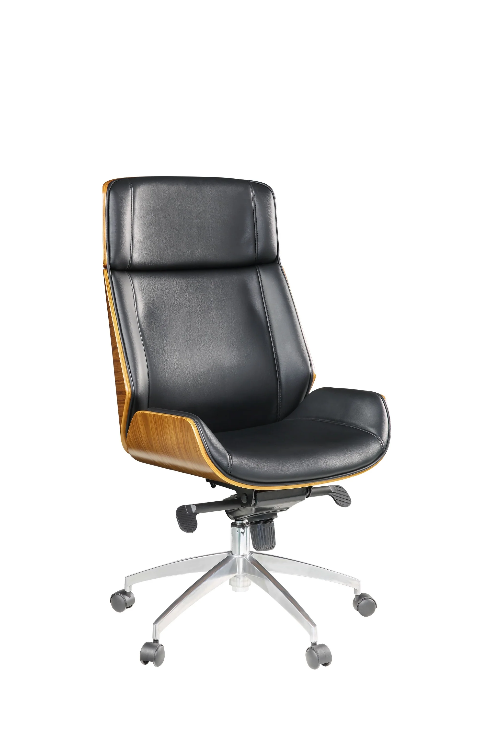 Black Bonded Leather and Bentwood Frame Eecutive Office Chair with Solid Chrome Base and Caster Wheels By Homeroots