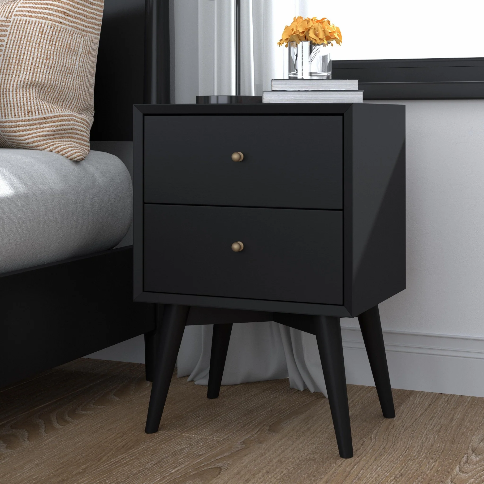 Black Century Modern Wood 2 Drawer Nightstand By Homeroots