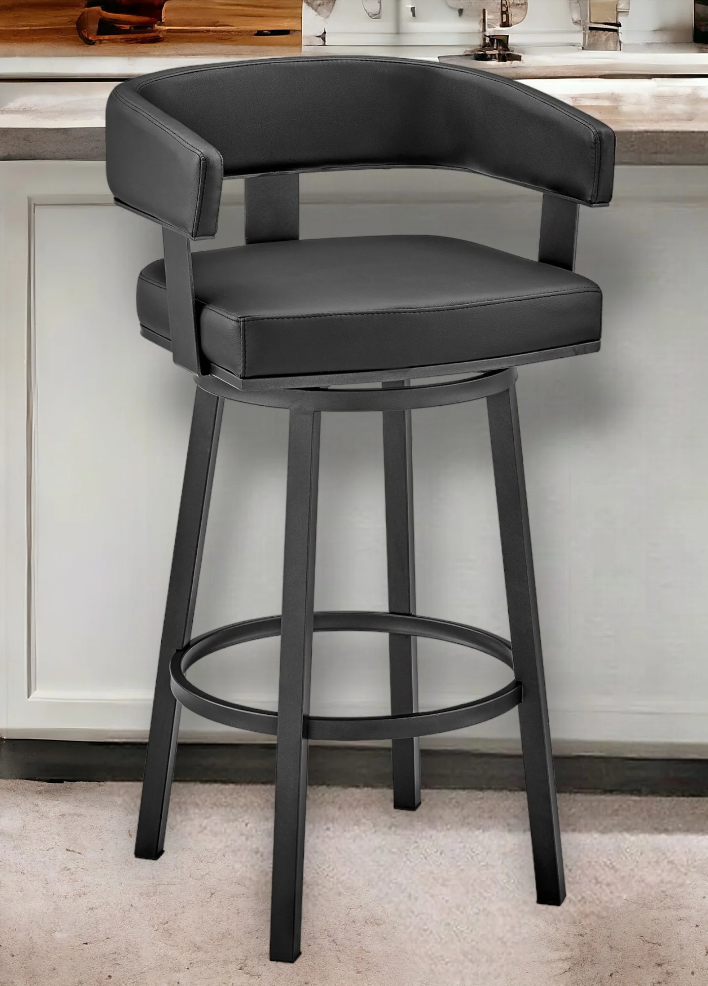 Black Faux Leather And Iron Swivel Low Back Counter Height Bar Chair By Homeroots