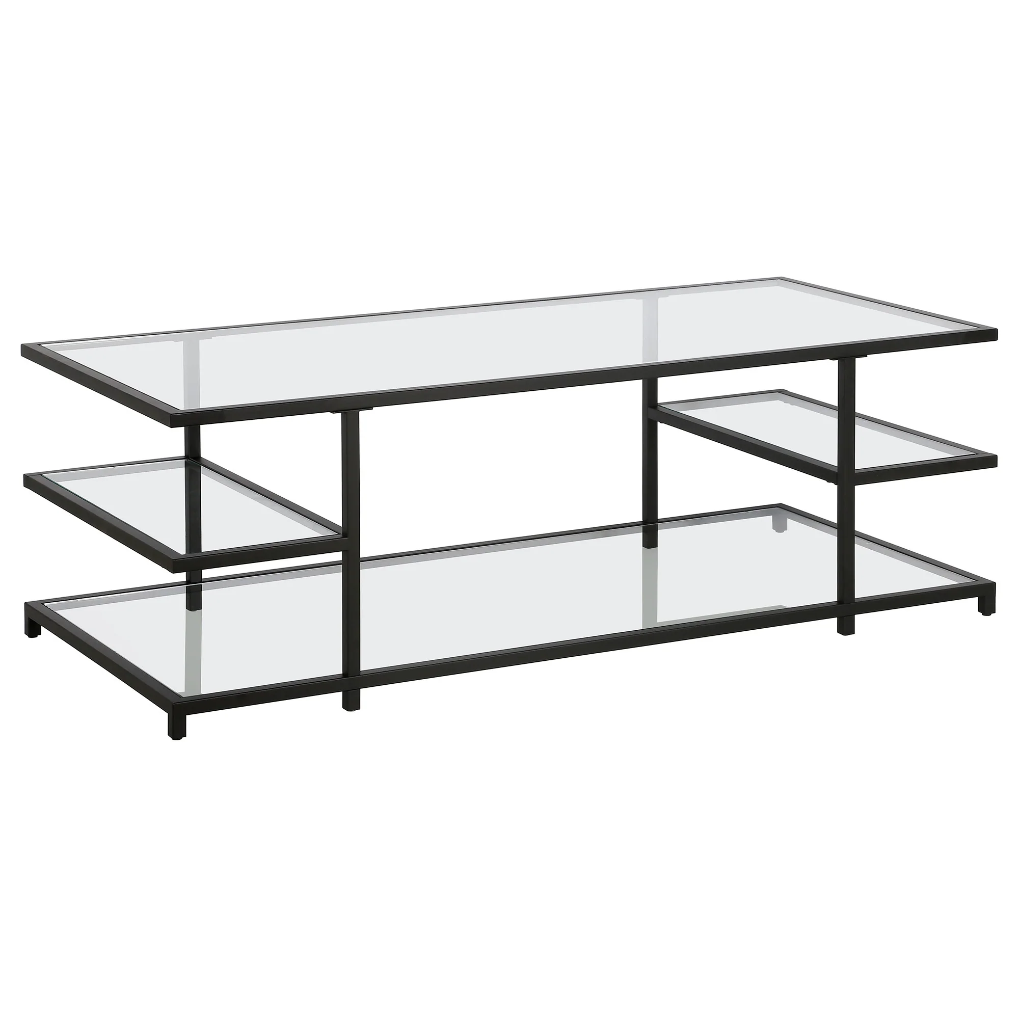 Black Glass And Steel Coffee Table With Three Shelves By Homeroots