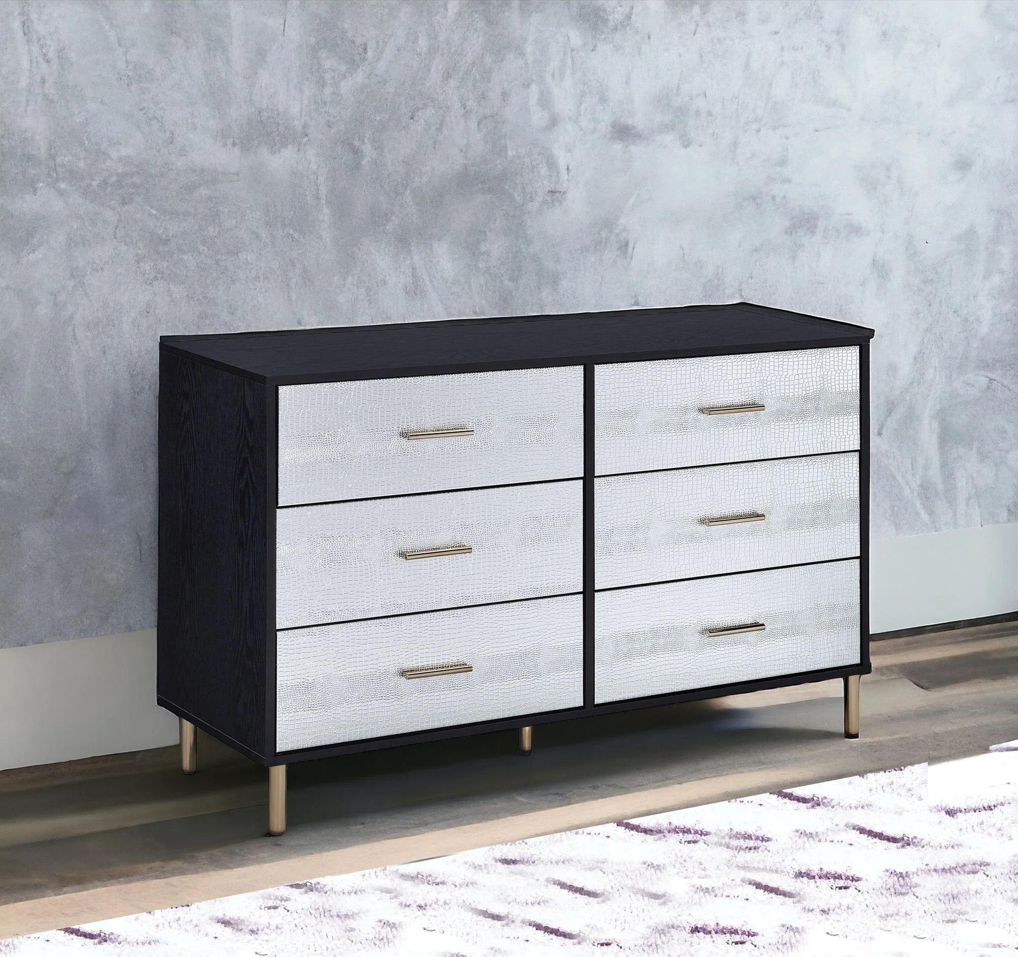 Black Silver and Gold Faux Croc Design Six Drawer Double Dresser By Homeroots