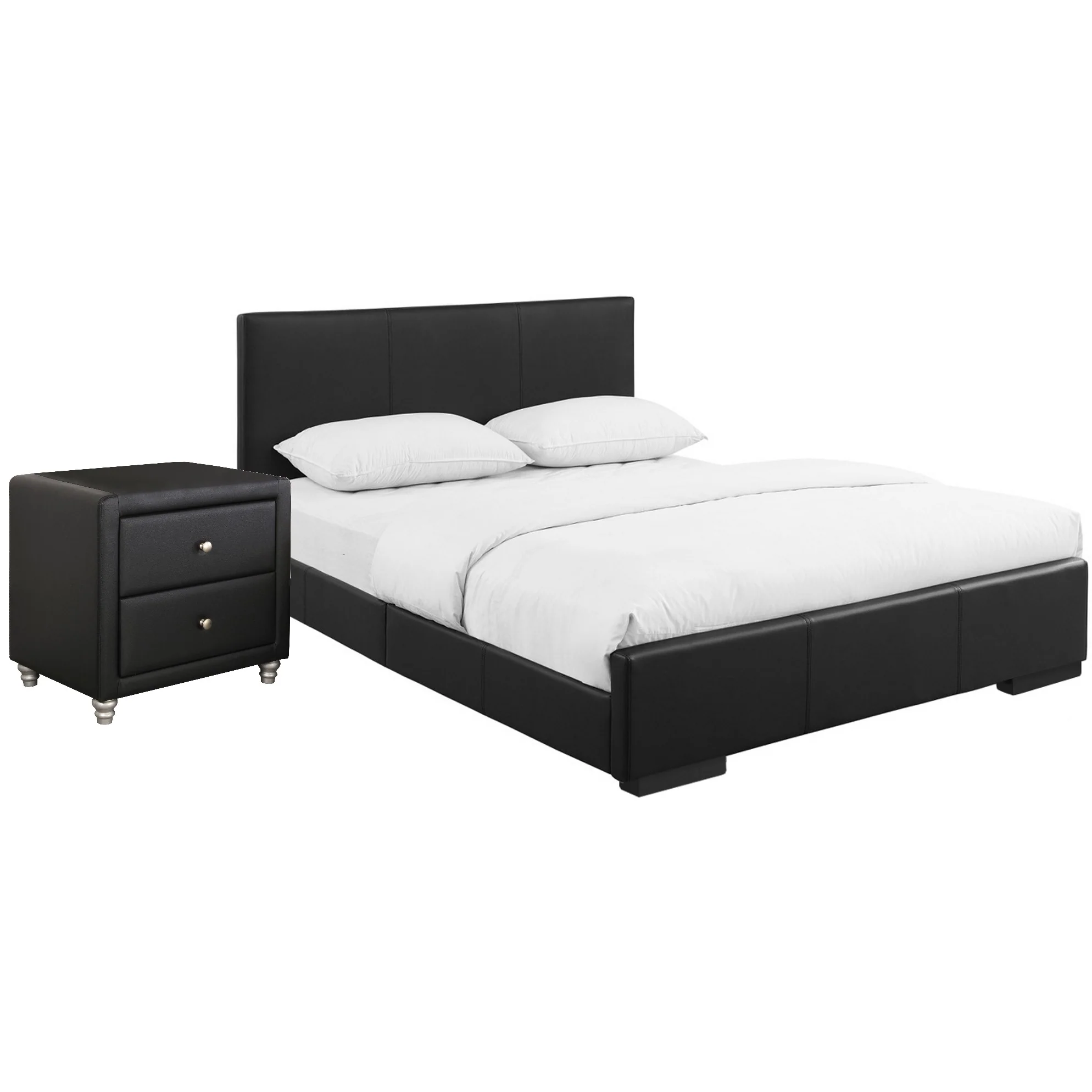 Black Upholstered Queen Platform Bed With Nightstand By Homeroots - Image 2