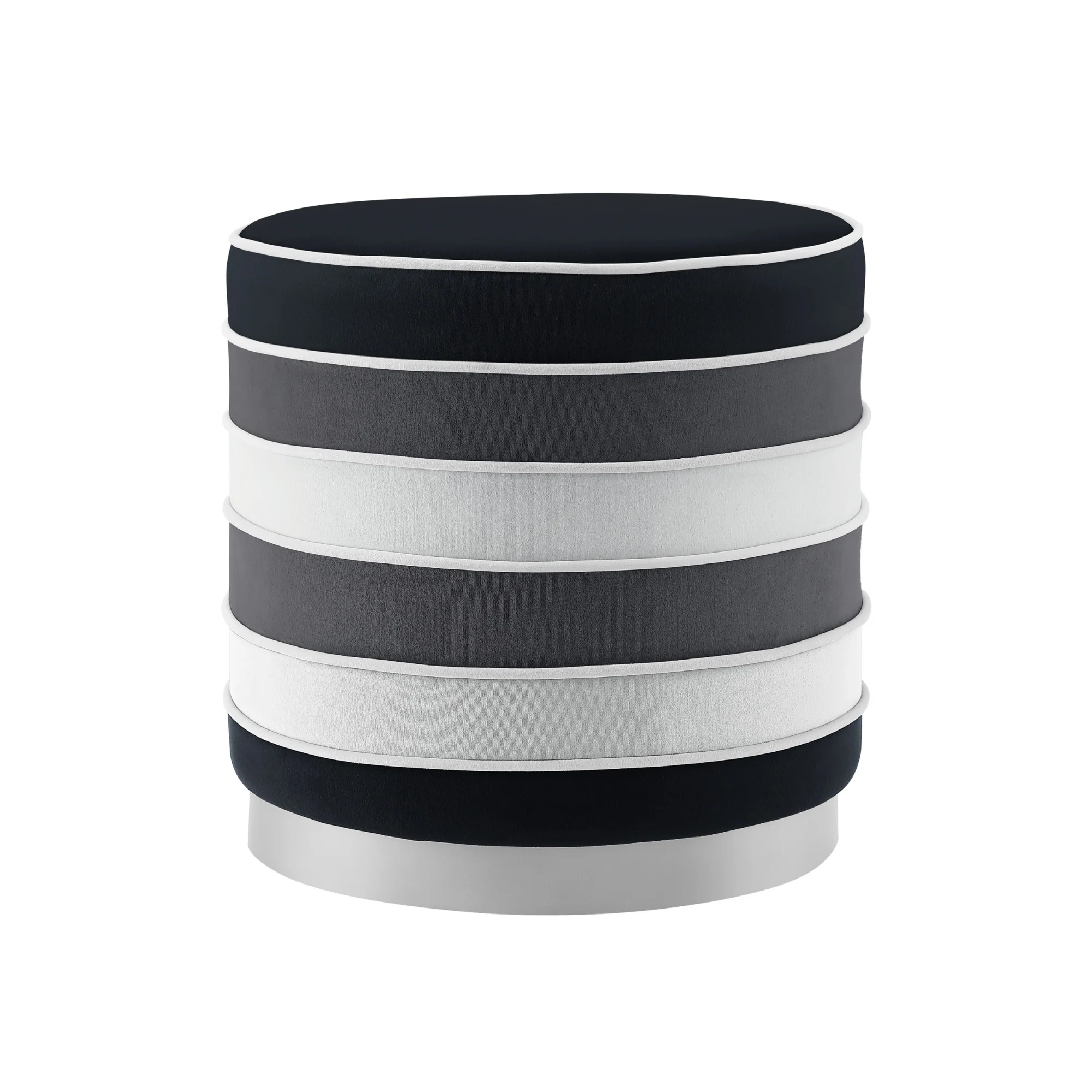 Black Velvet And Silver Round Striped Ottoman By Homeroots