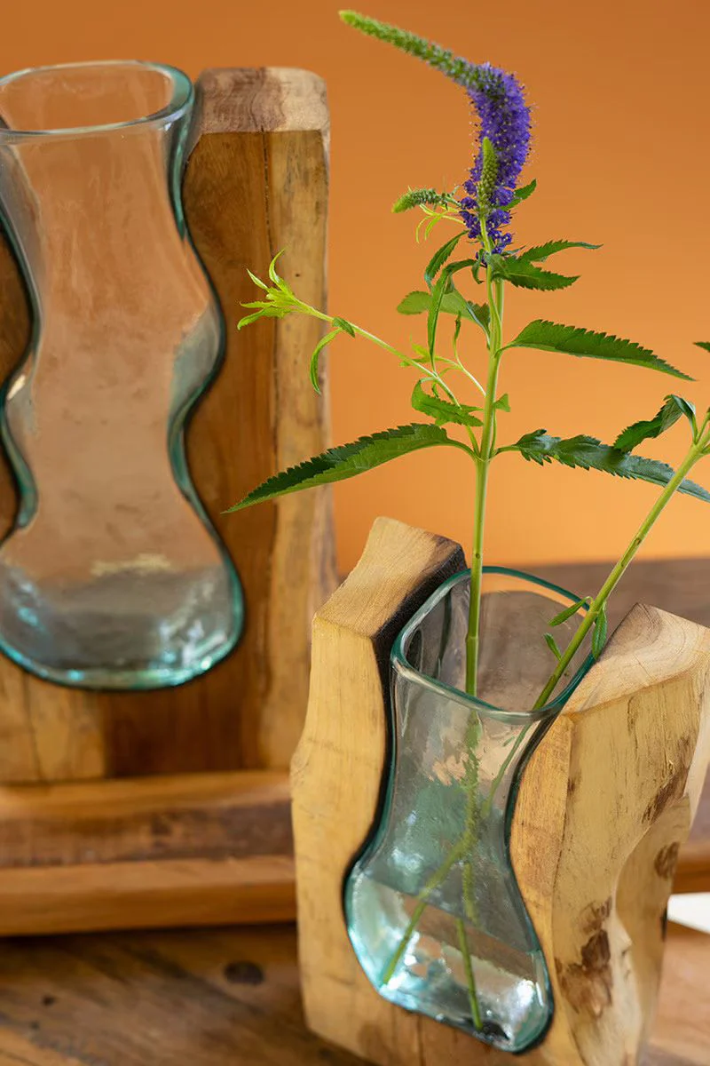 Blown Glass Vase Inside Of Teak Wood - Large By Kalalou - Image 2