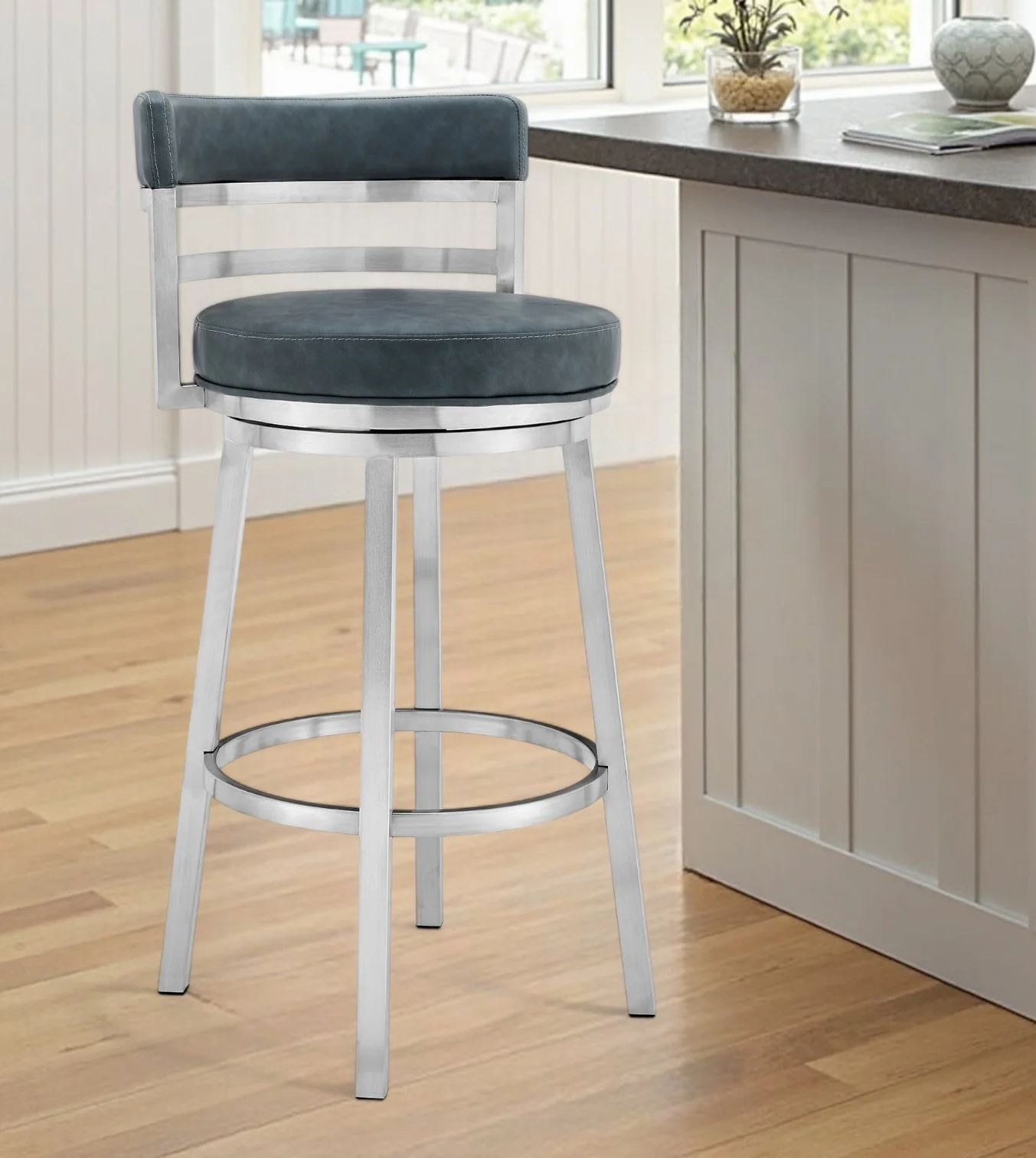 Blue and Silver Faux Leather and Stainless Steel Low Back Counter Height Swivel Bar Chair By Homeroots