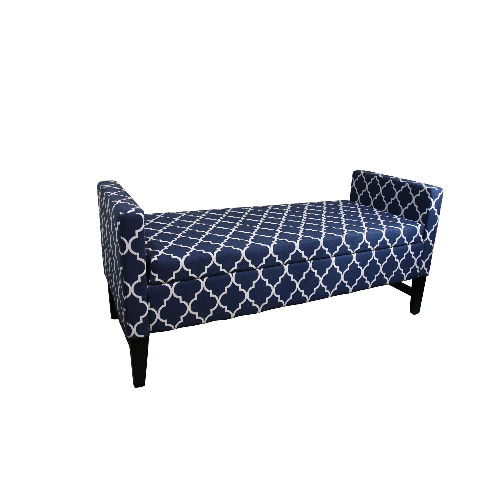 Blue and White Quatrefoil Dark Wood Storage Bench By Homeroots - Image 3