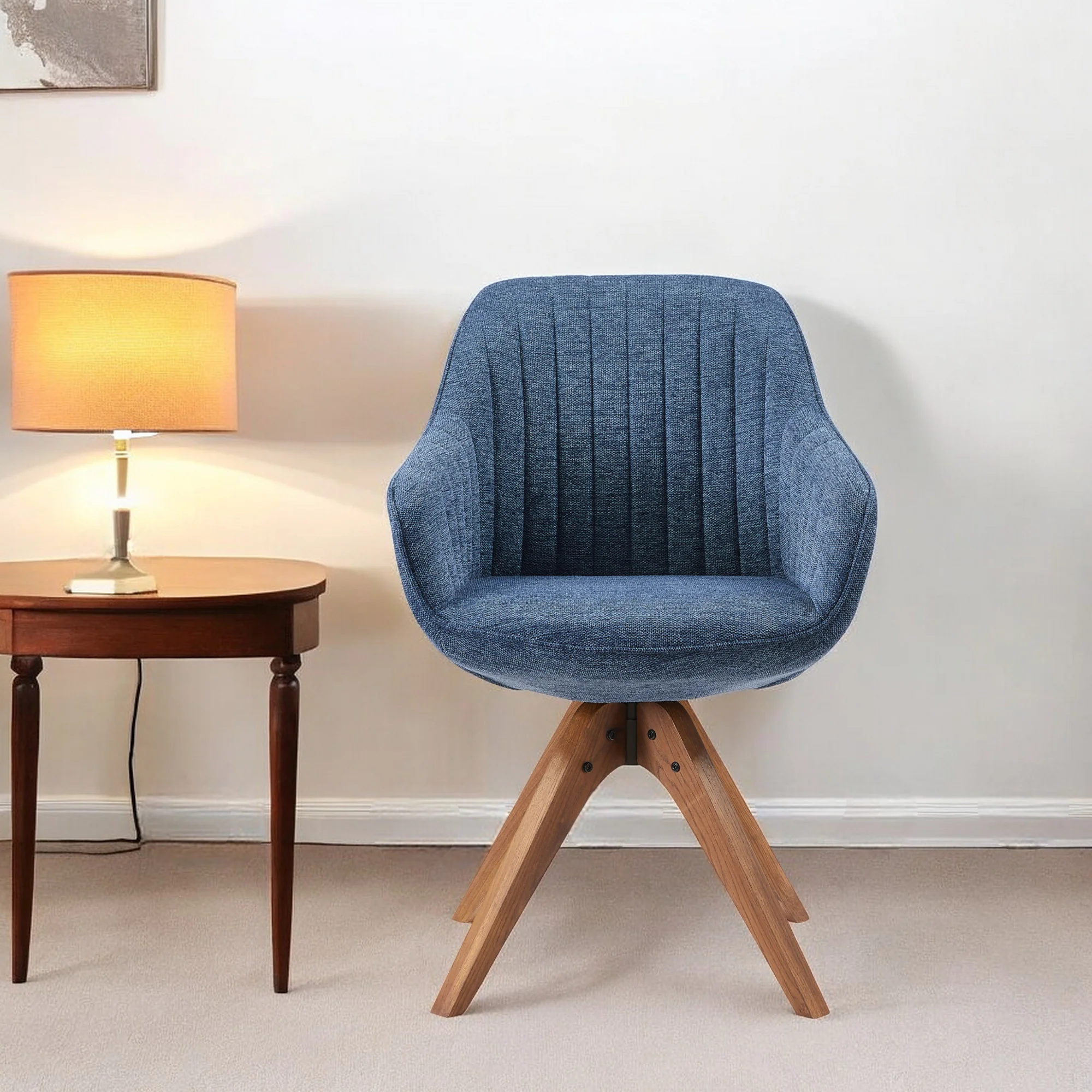 Blue Fabric And Natural Swivel Accent Arm Chair By Homeroots