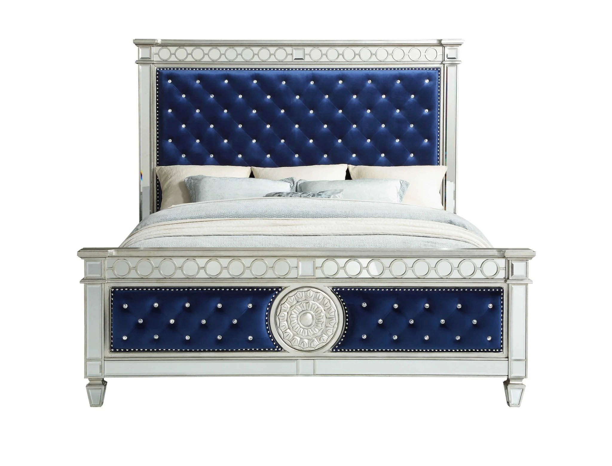 Blue Velvet Wood Mirror Upholstered Hbfb Queen Bed By Homeroots - Image 2