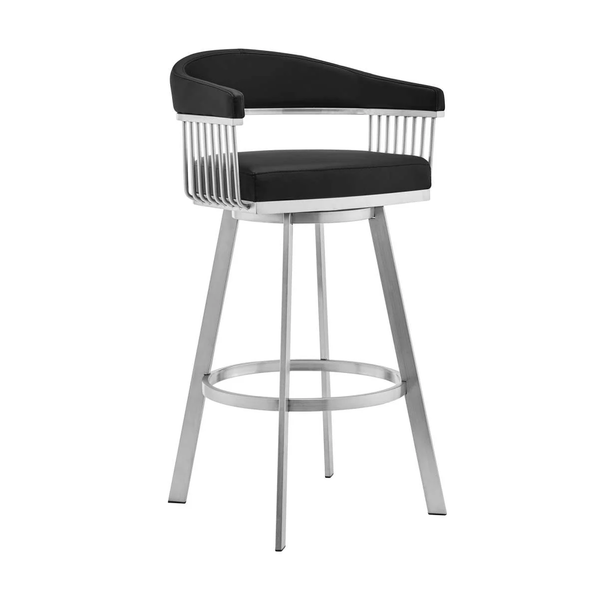 Bronson 30" Black Faux Leather and Brushed Stainless Steel Swivel Bar Stool By Armen Living - Image 3
