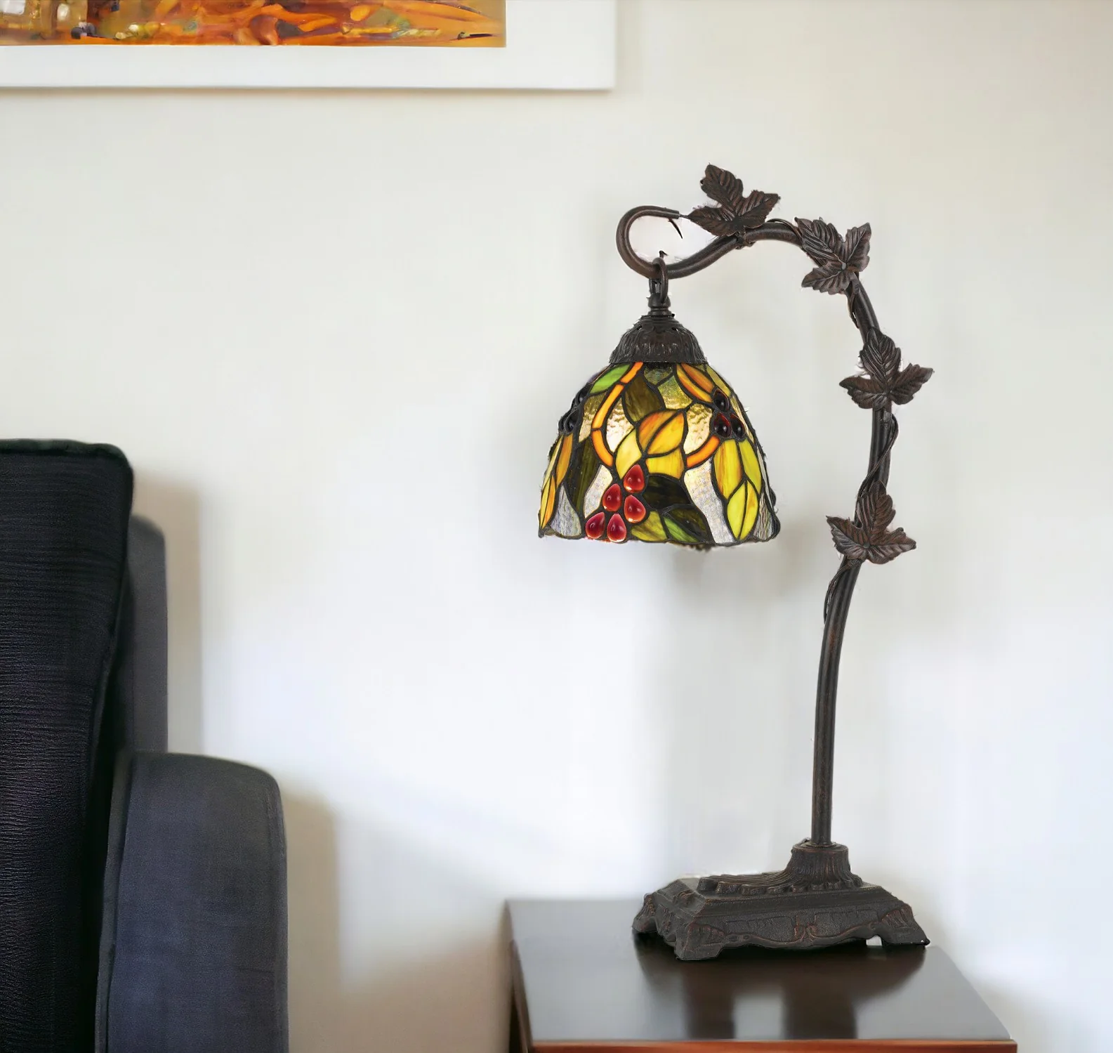 Bronze Metal Tiffany Style Table Lamp With Hanging Stained Glass Shade By Homeroots