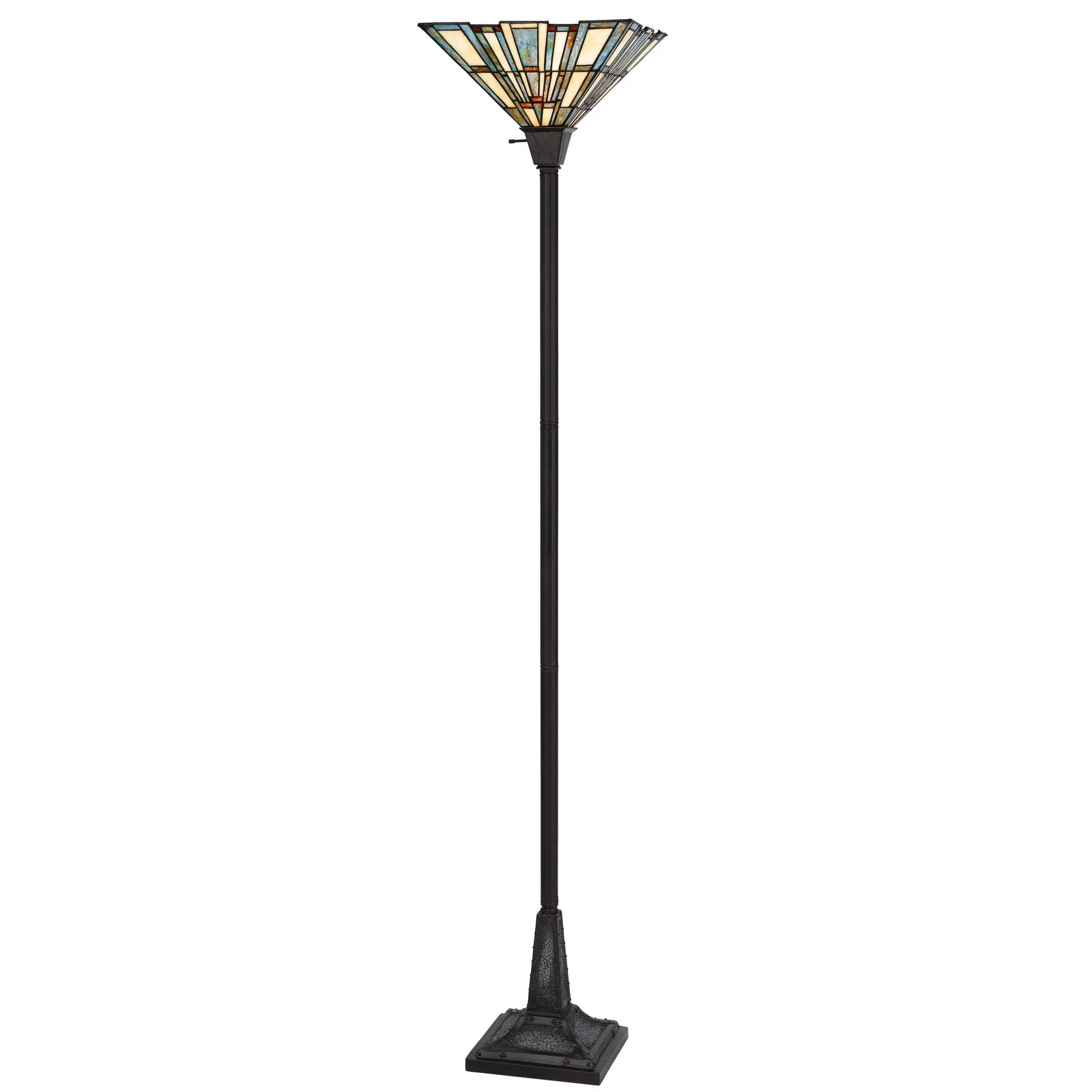 Bronze Torchiere Floor Lamp With Gray and Ivory Abstract Tiffany Glass Novelty Shade By Homeroots