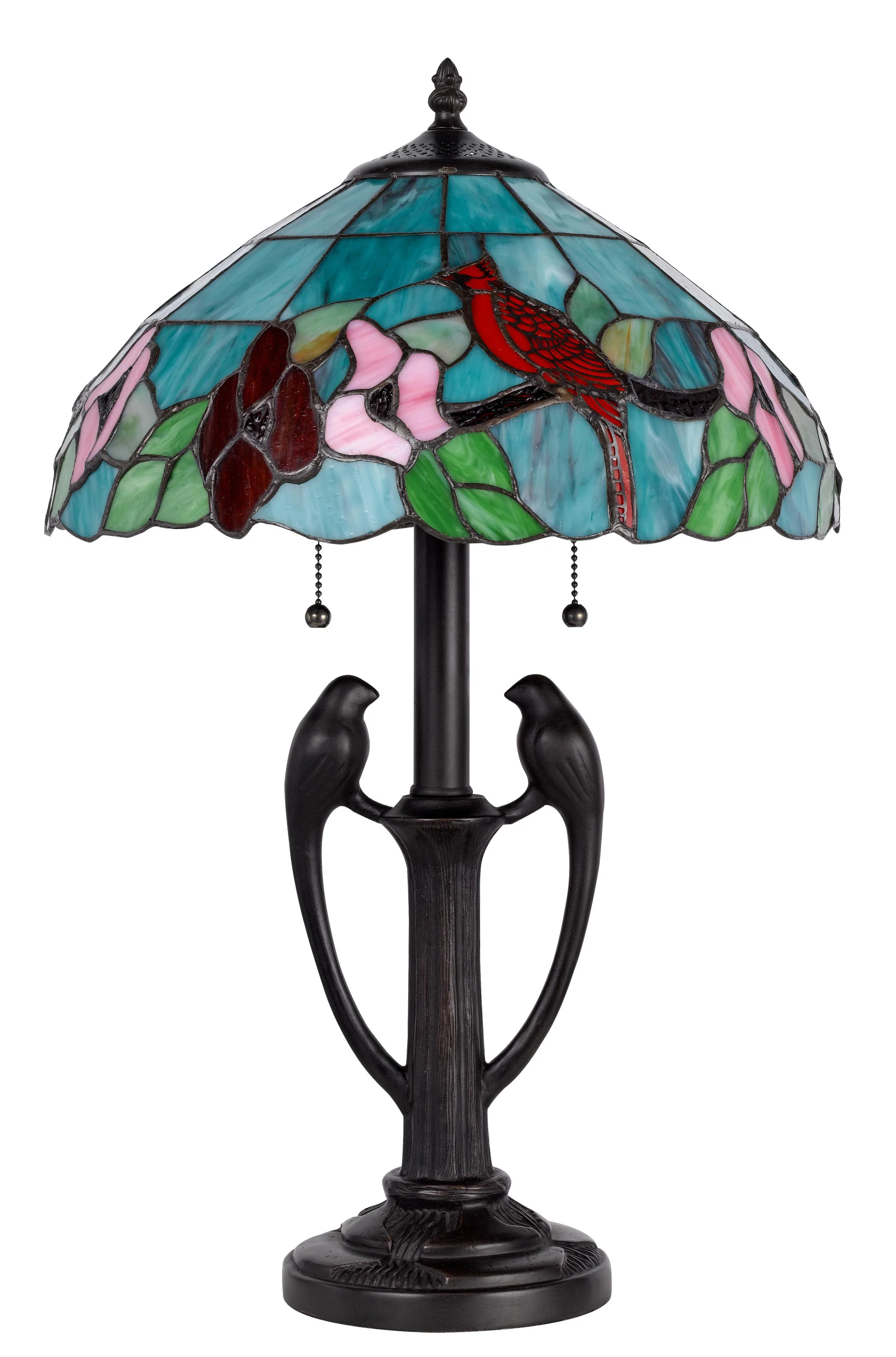 Bronze Two Light Tiffany Table Lamp With Aqua and Red Floral Shade By Homeroots