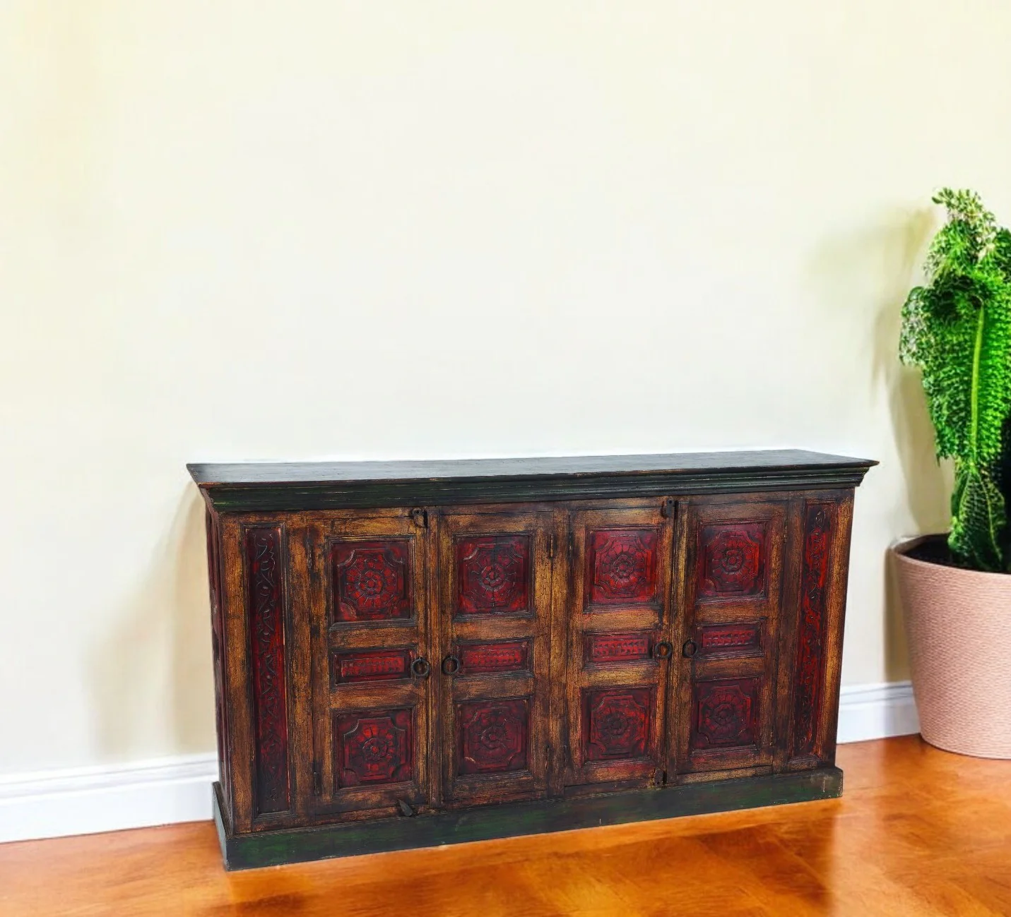 Brown and Black Solid Wood Buffet Table with Four Doors By Homeroots