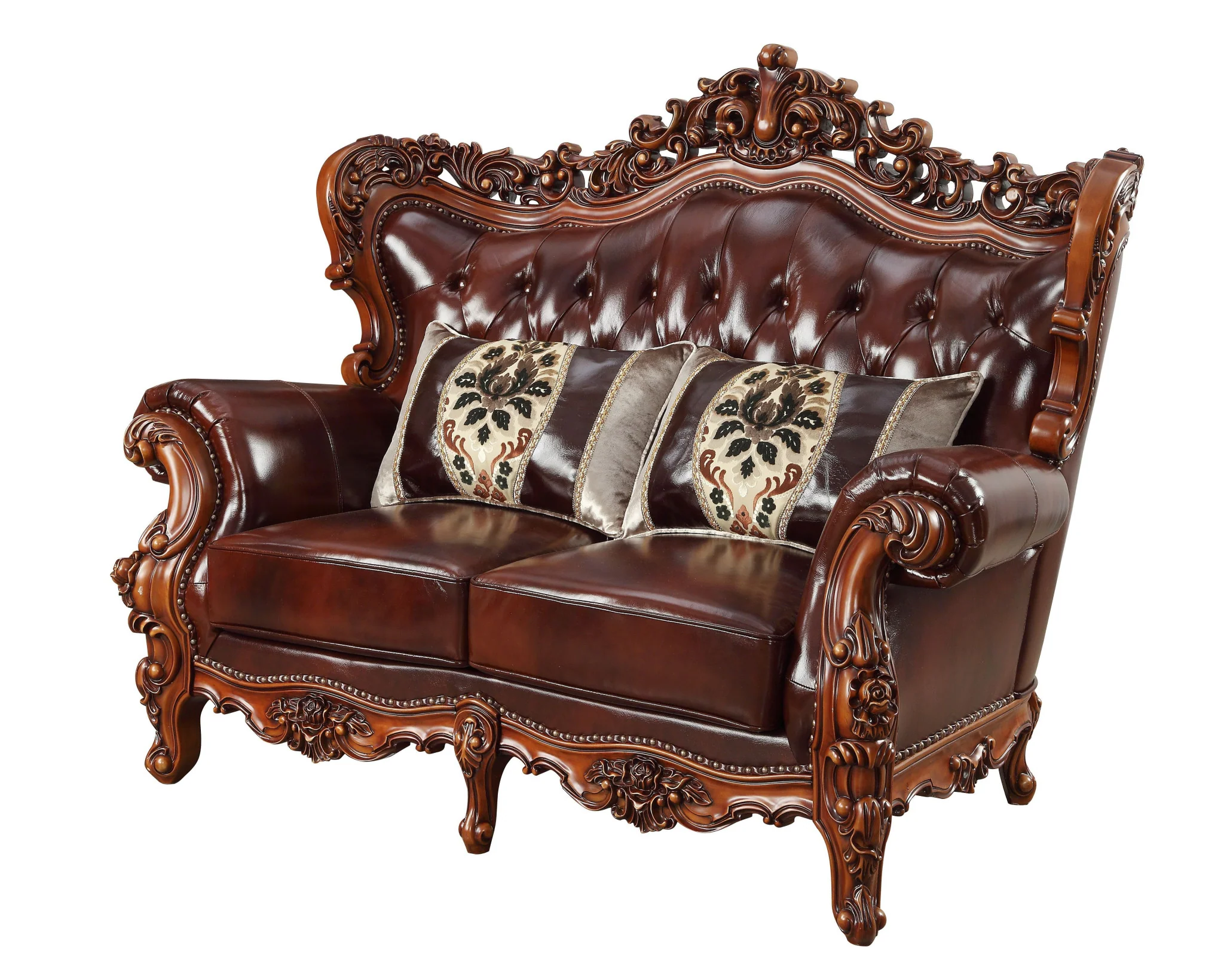 Brown And Walnut Top Grain Leather Curved Loveseat and Toss Pillows By Homeroots - Image 6