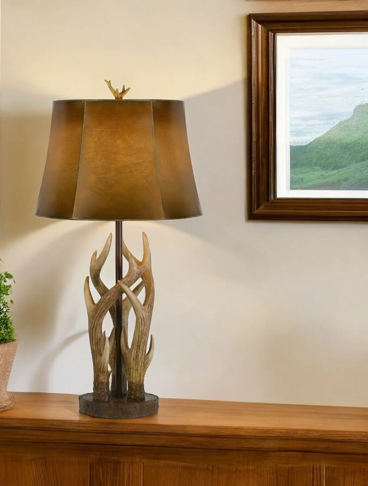 Brown Antlers Table Lamp With Brown Drum Shade By Homeroots