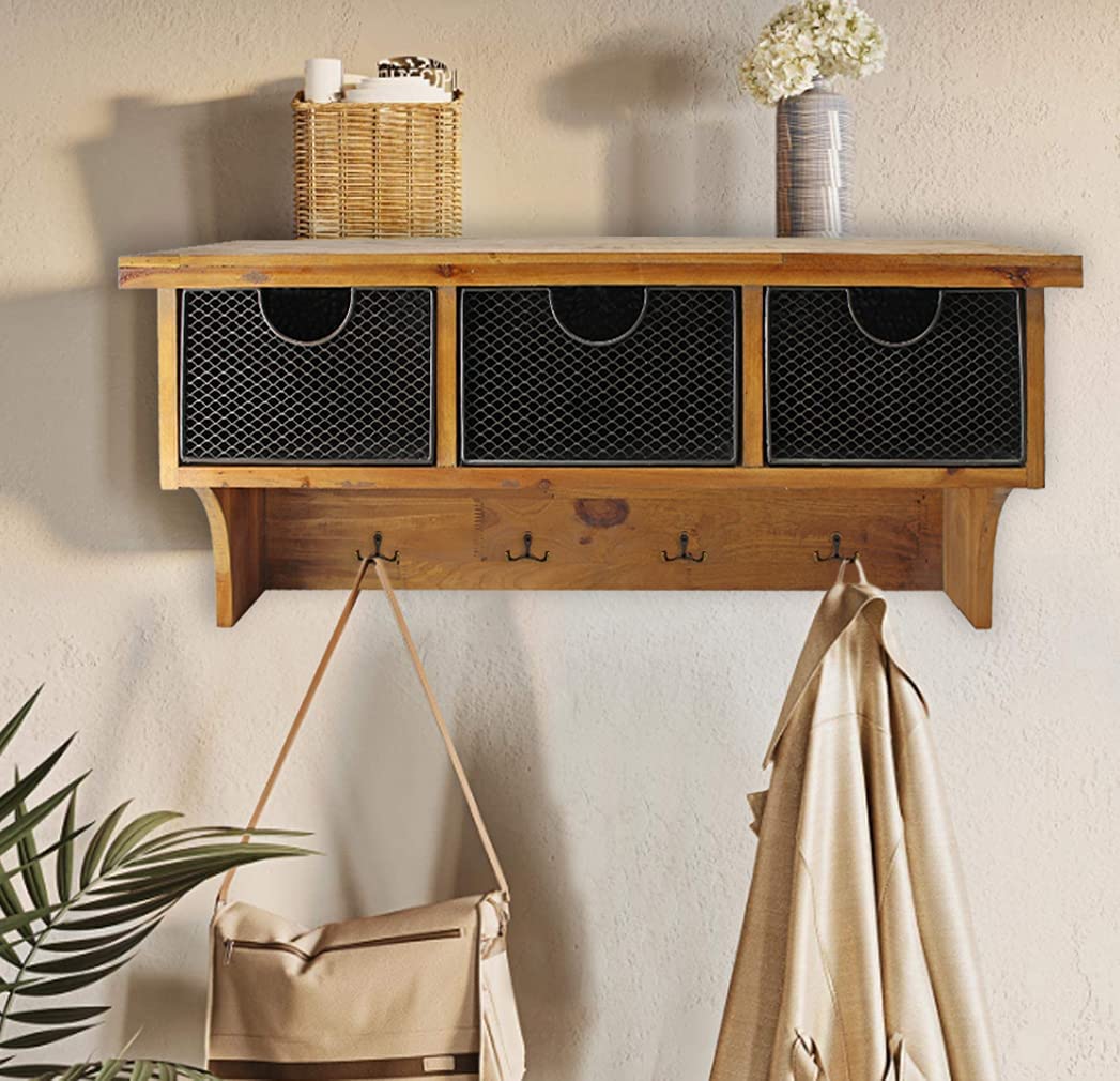 Brown Rustic Wooden Wall Shelf with 3 Drawers and Hooks By Homeroots