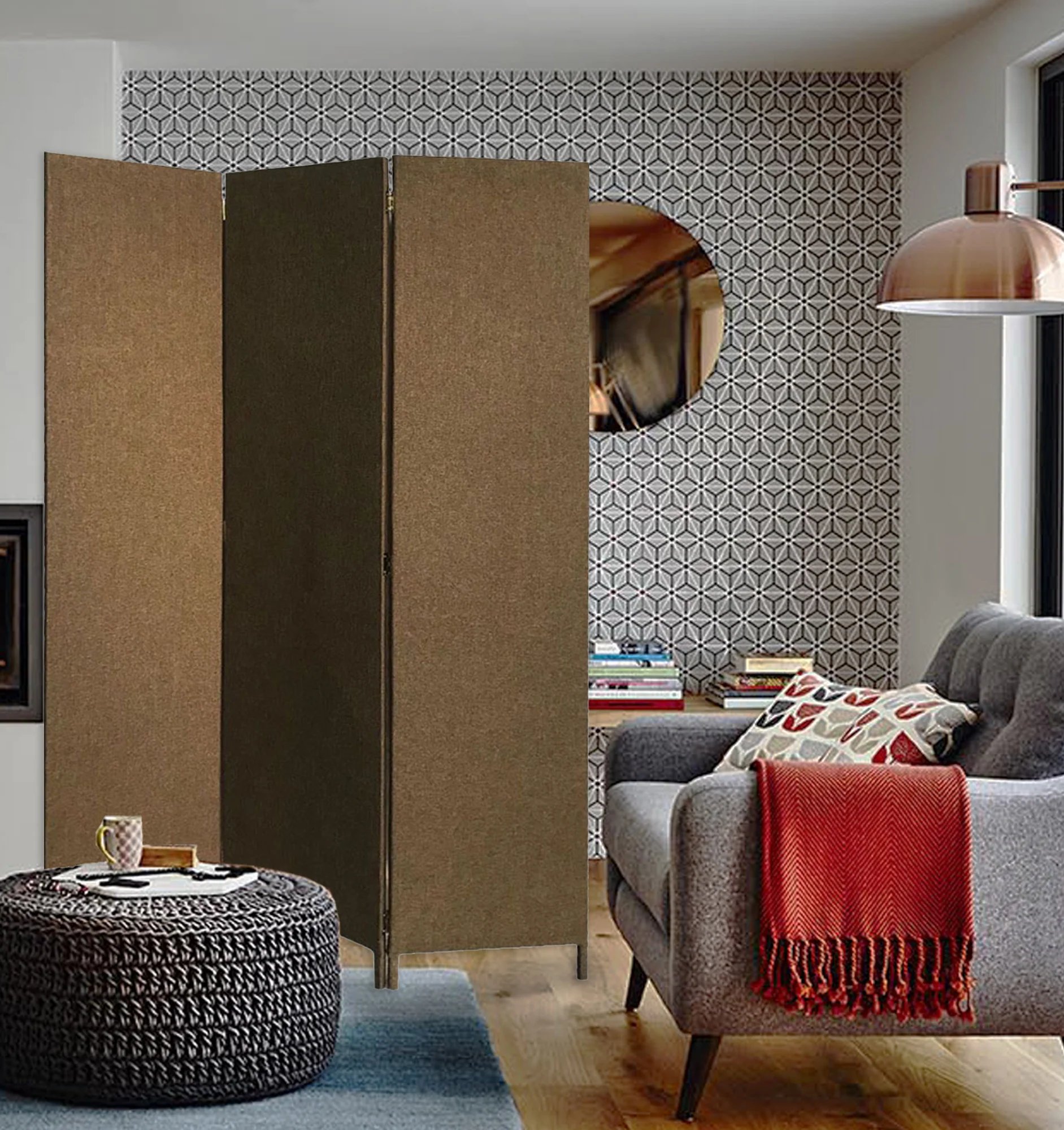 Brown Upholstered 3 Panel Room Divider Screen By Homeroots