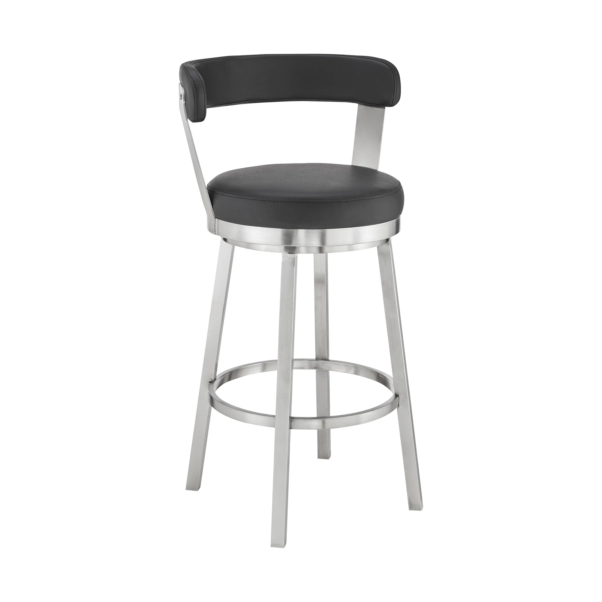 Bryant 26" Counter Height Swivel Bar Stool in Brushed Stainless Steel Finish and Black Faux Leather By Armen Living - Image 2