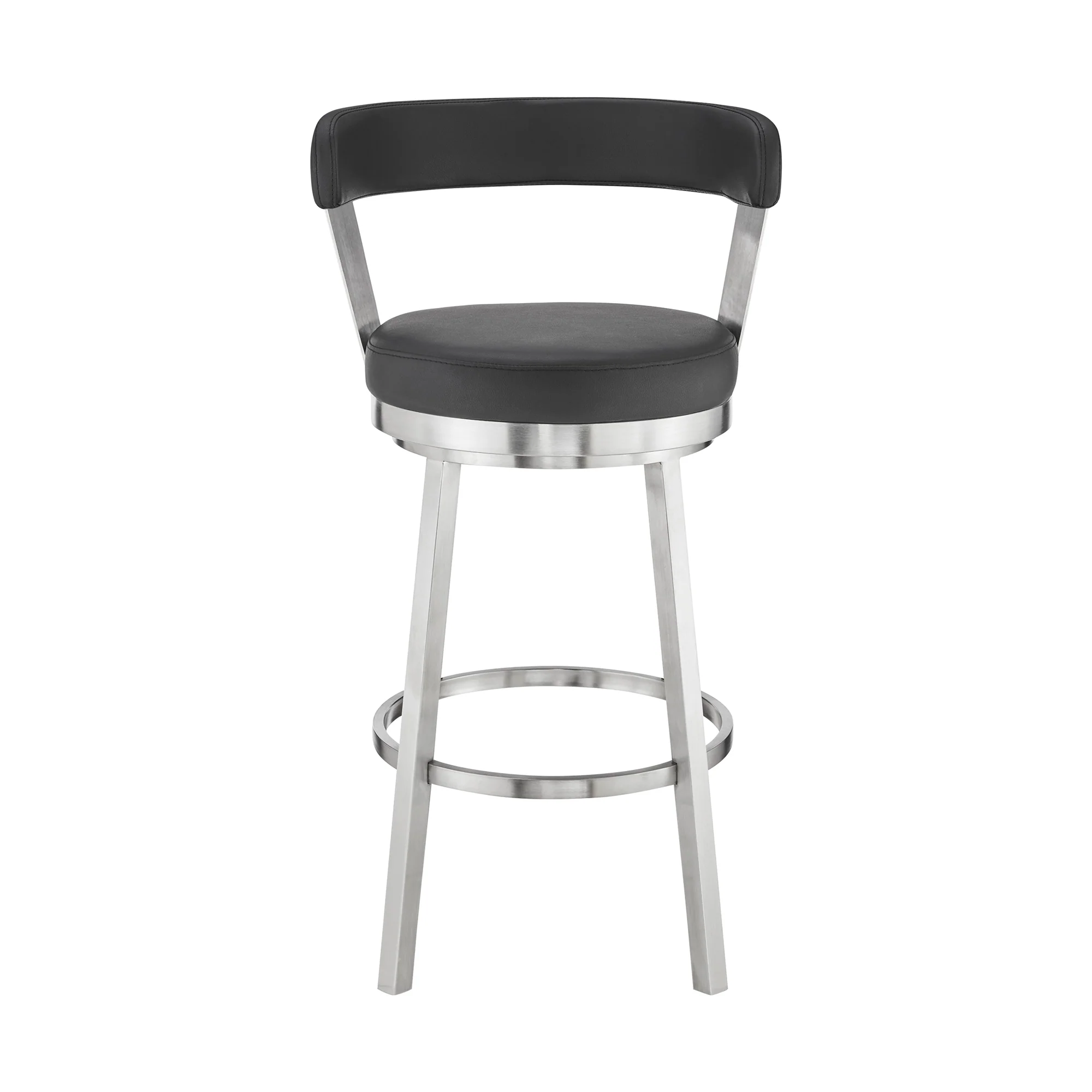 Bryant 26" Counter Height Swivel Bar Stool in Brushed Stainless Steel Finish and Black Faux Leather By Armen Living - Image 3