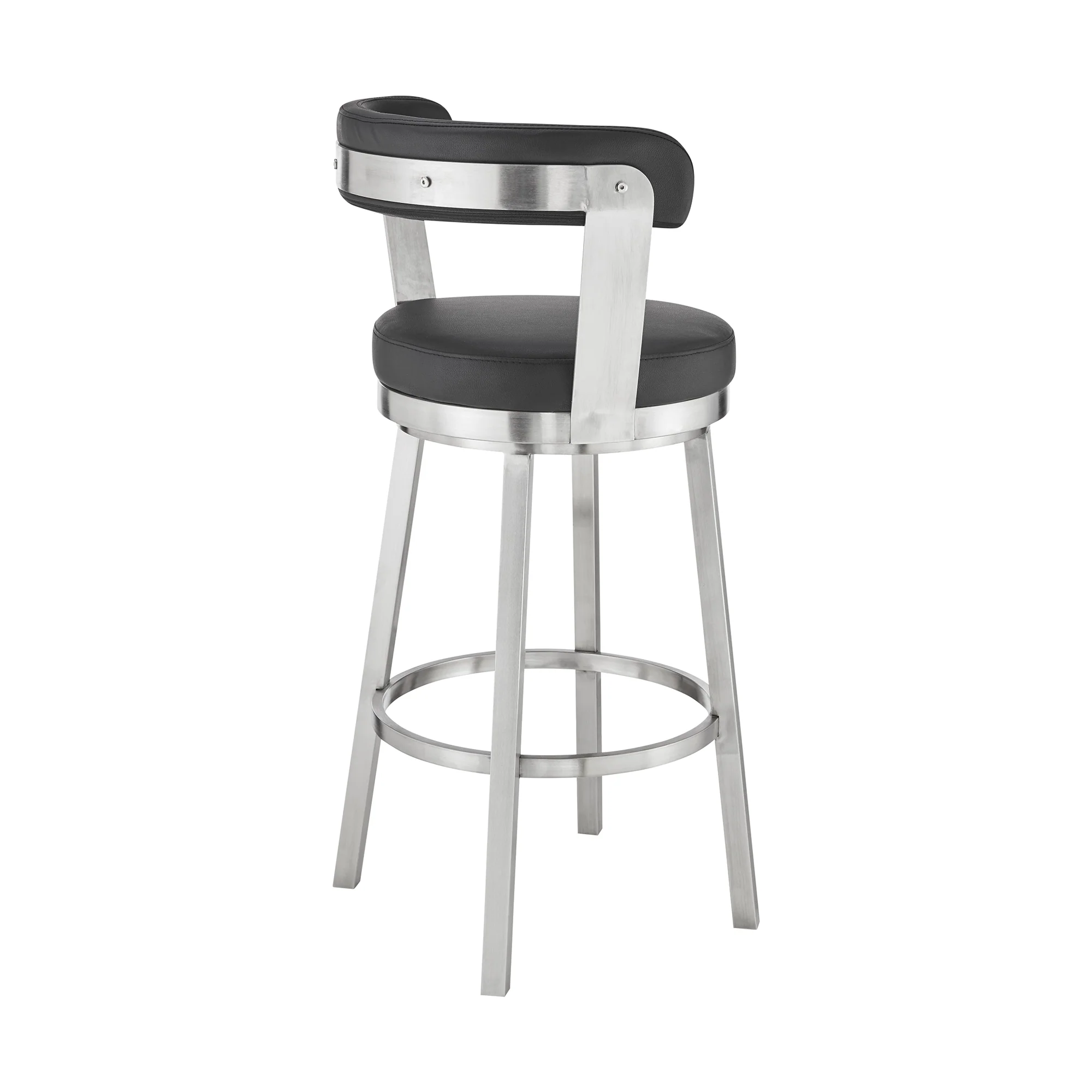 Bryant 26" Counter Height Swivel Bar Stool in Brushed Stainless Steel Finish and Black Faux Leather By Armen Living - Image 5