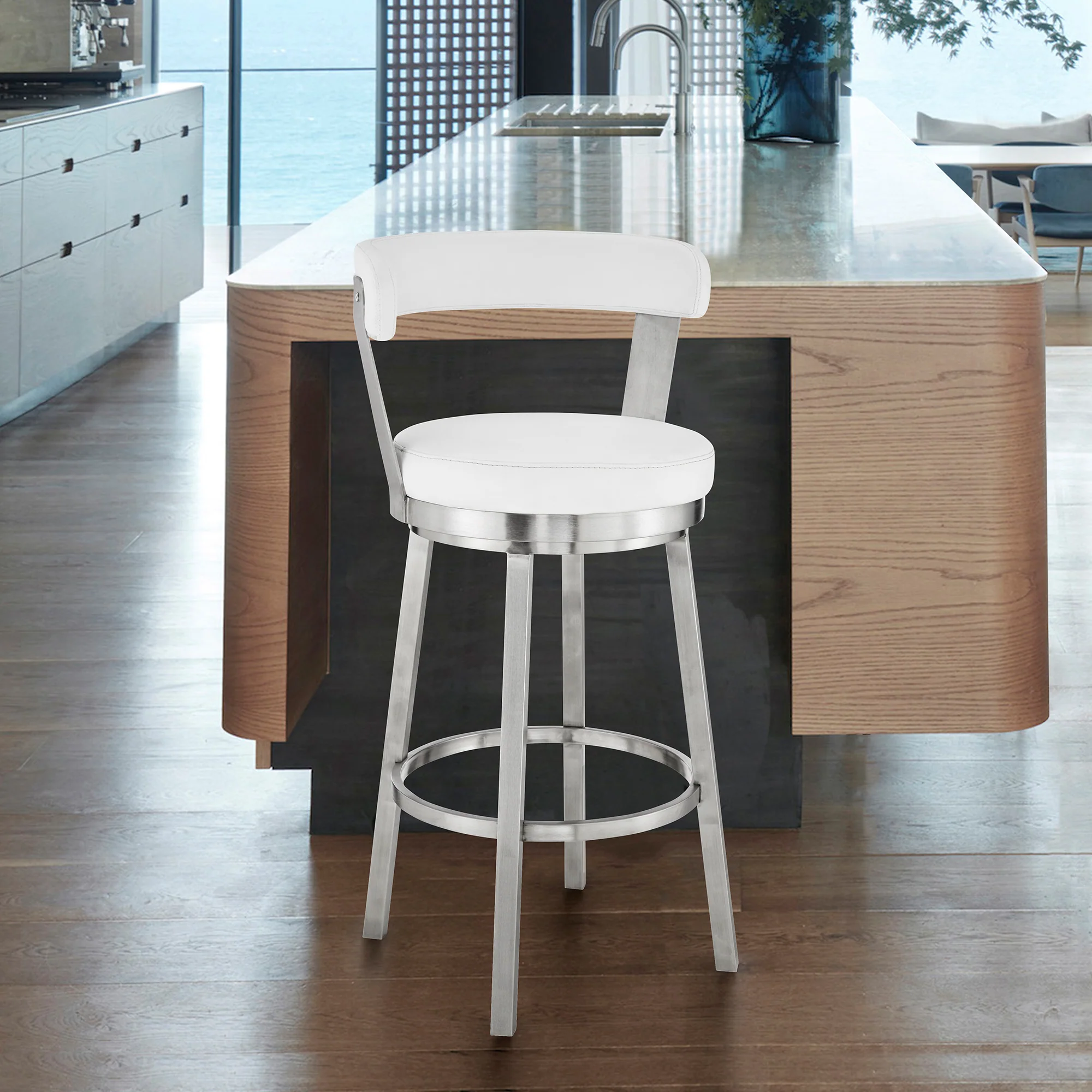 Bryant 26" Counter Height Swivel Bar Stool in Brushed Stainless Steel Finish and White Faux Leather By Armen Living