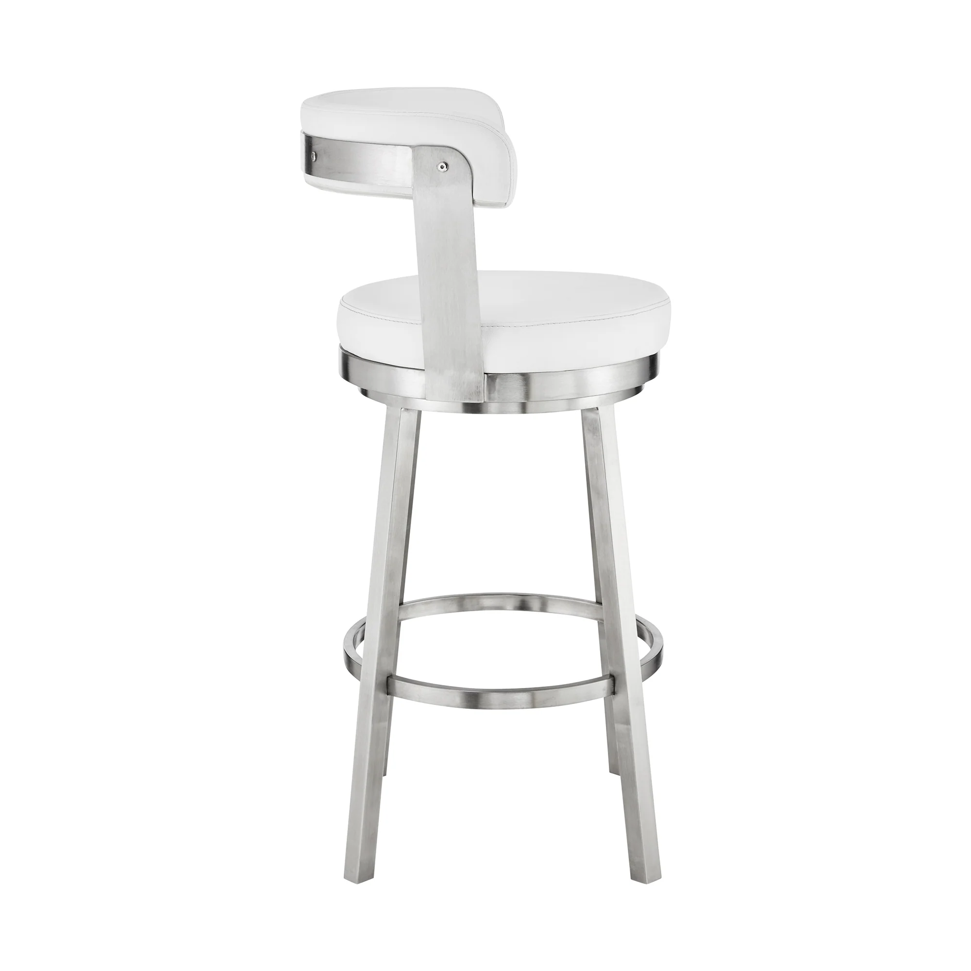 Bryant 26" Counter Height Swivel Bar Stool in Brushed Stainless Steel Finish and White Faux Leather By Armen Living - Image 4