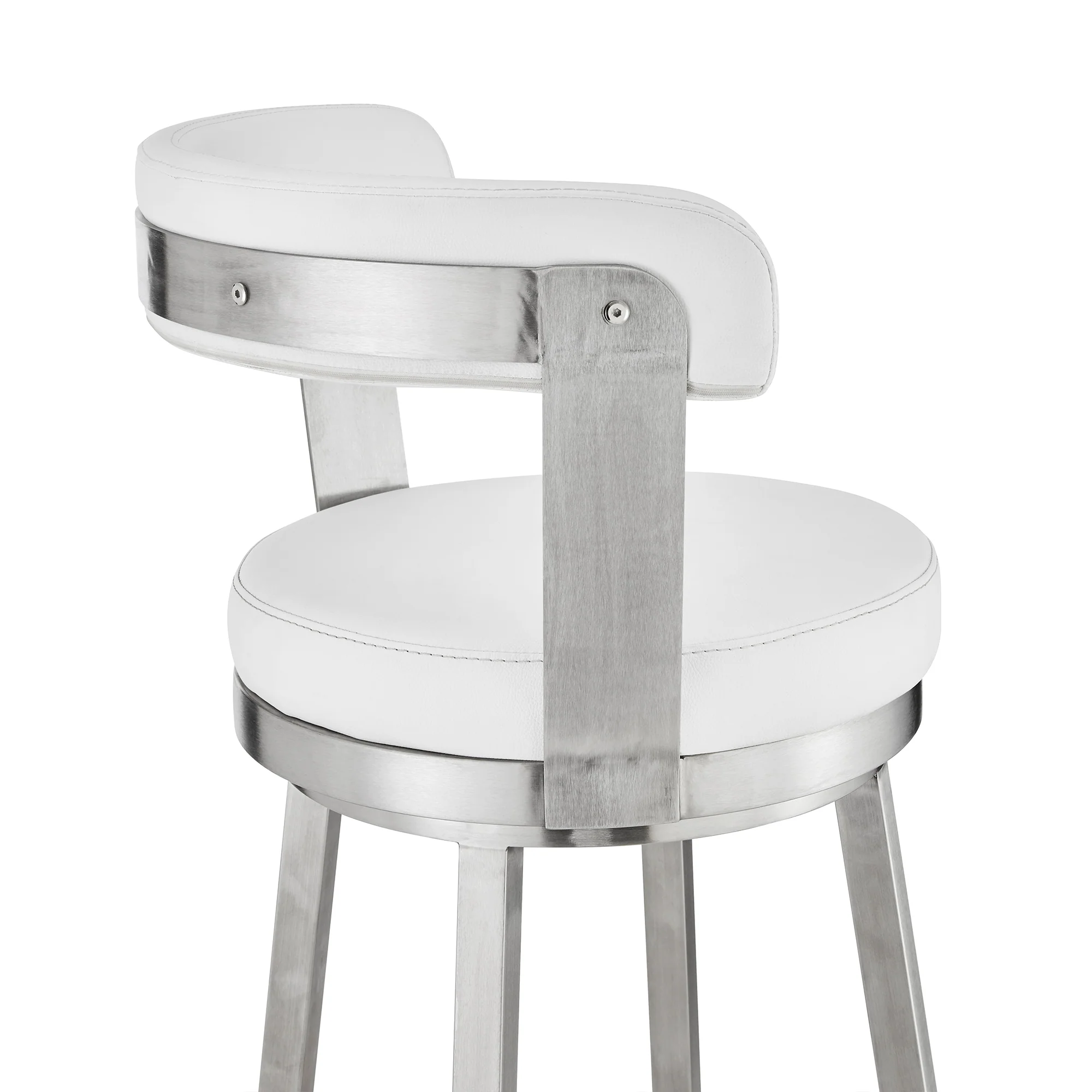 Bryant 26" Counter Height Swivel Bar Stool in Brushed Stainless Steel Finish and White Faux Leather By Armen Living - Image 8