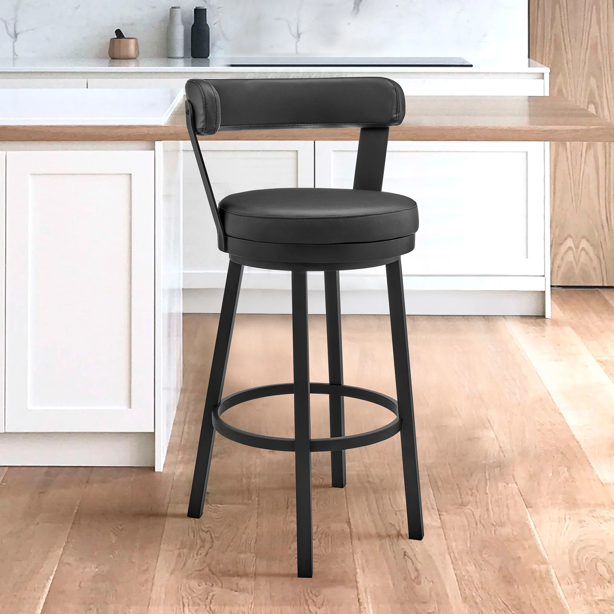 Bryant 30" Bar Height Swivel Bar Stool in Black Finish and Black Faux Leather By Armen Living